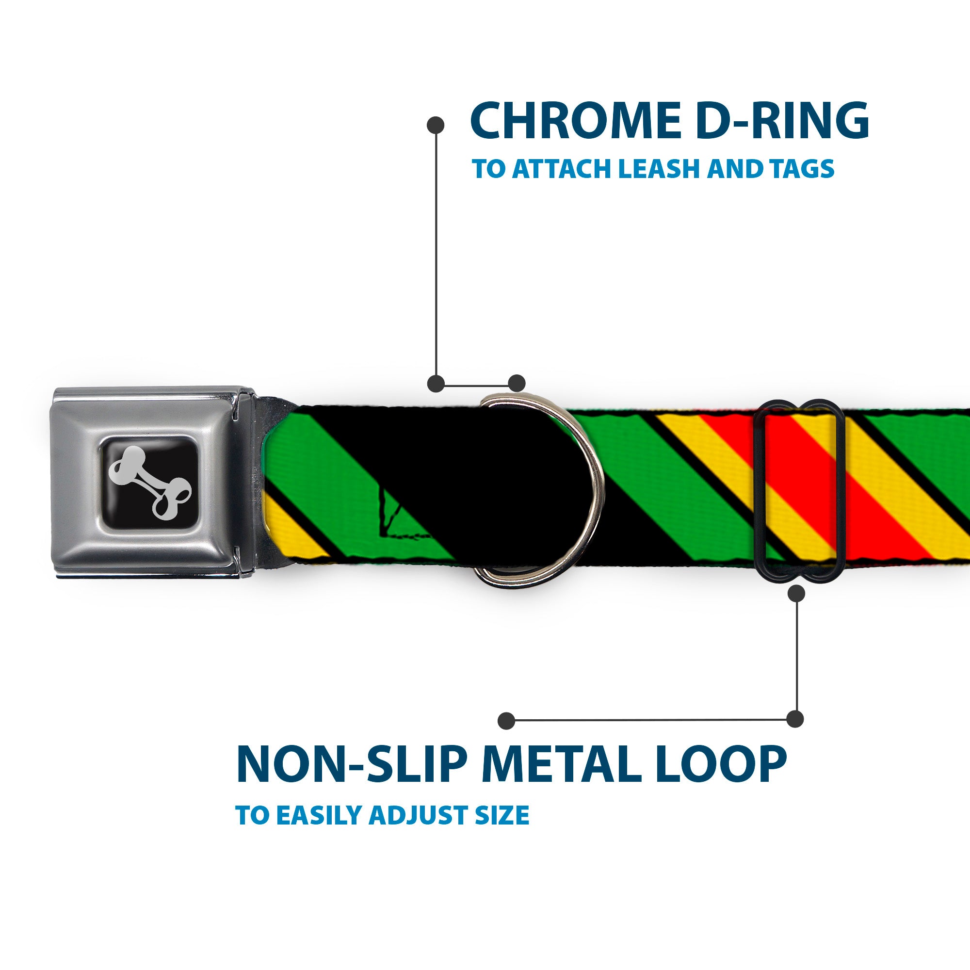 Dog Bone Seatbelt Buckle Collar - Diagonal Stripes Black/Green/Yellow/Red Seatbelt Buckle Collars Buckle-Down