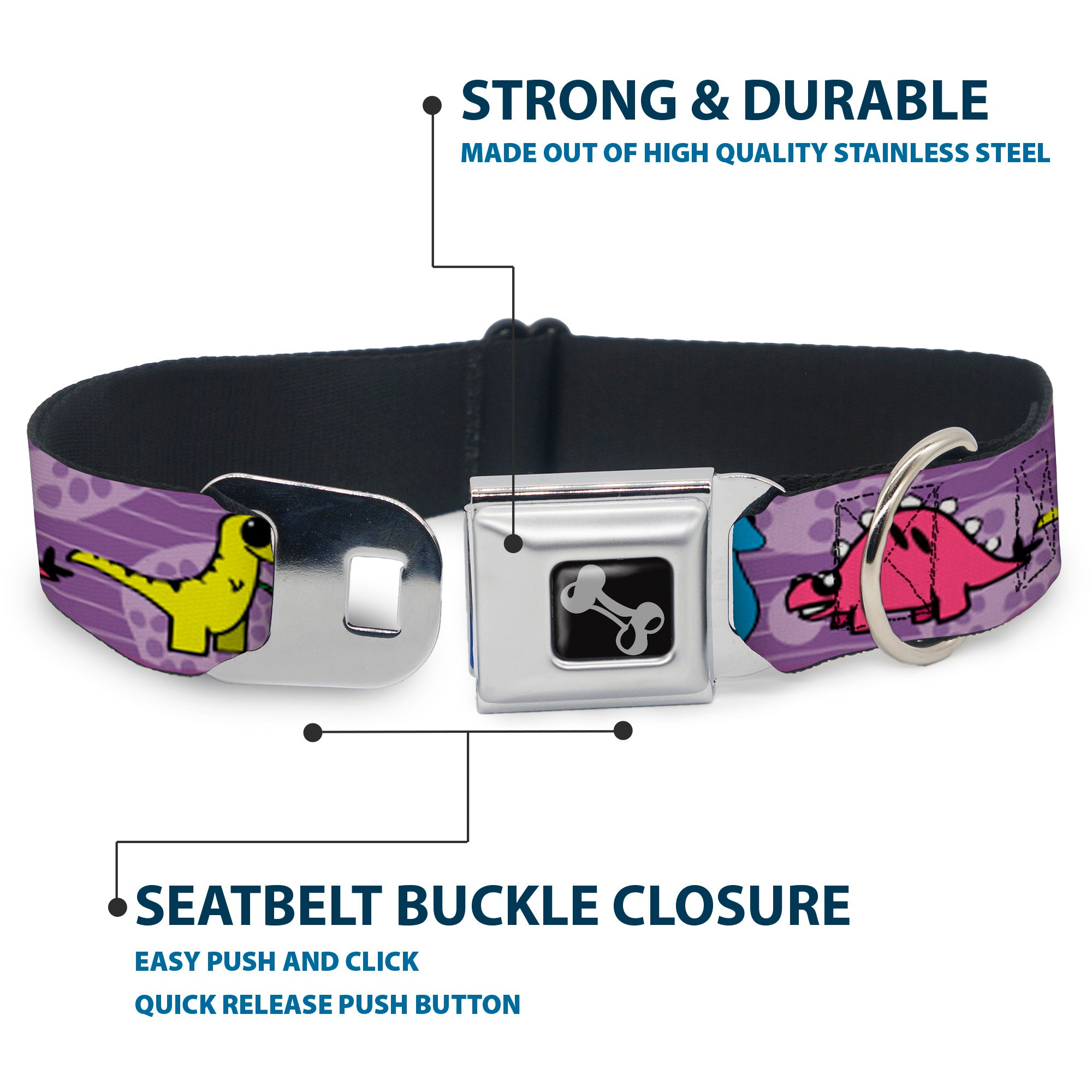 Dog Bone Seatbelt Buckle Collar - Dinosaur Cartoon Seatbelt Buckle Collars Buckle-Down