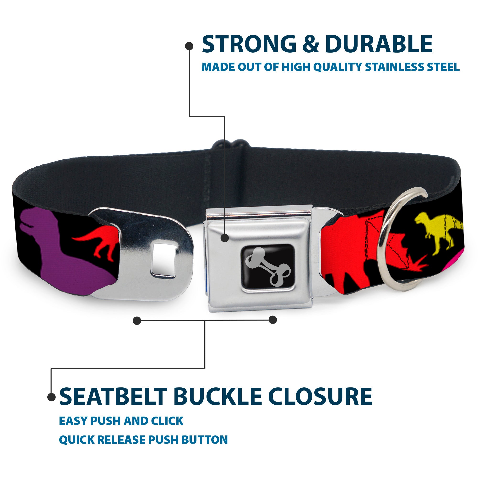Dog Bone Seatbelt Buckle Collar - Dinosaur Silhouette Black/Multi Color Seatbelt Buckle Collars Buckle-Down