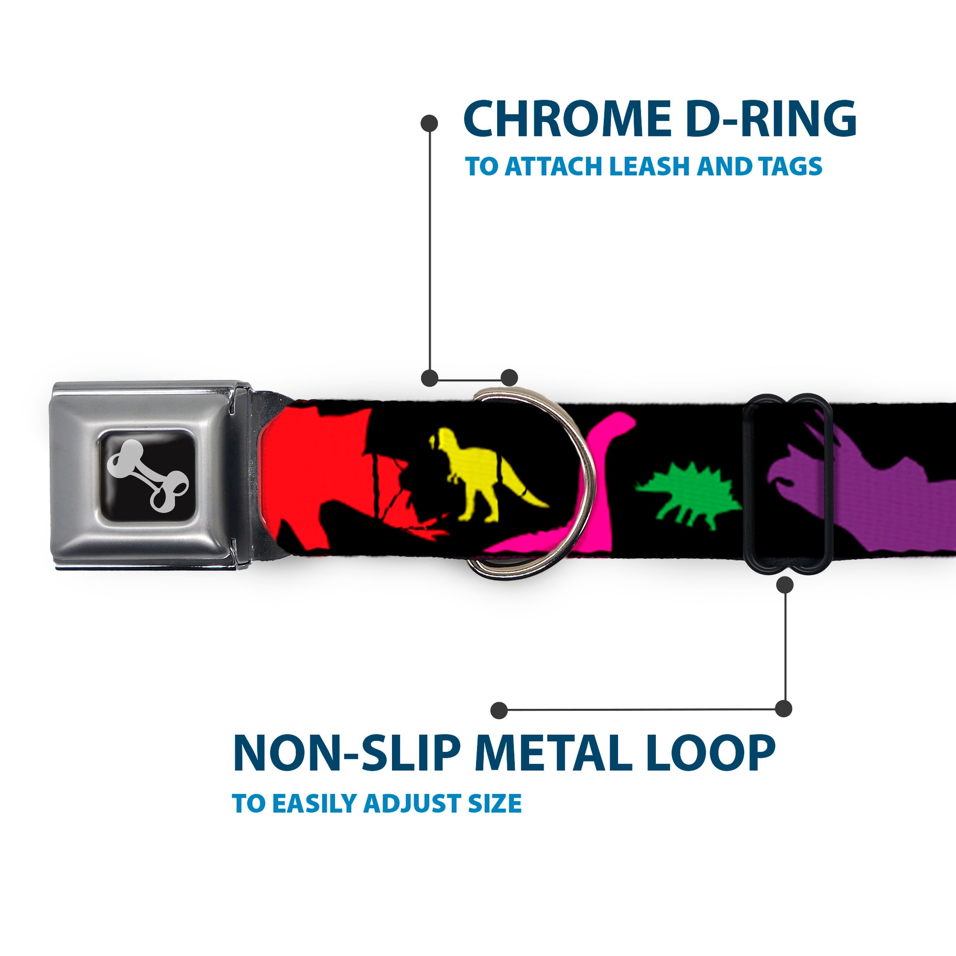 Dog Bone Seatbelt Buckle Collar - Dinosaur Silhouette Black/Multi Color Seatbelt Buckle Collars Buckle-Down