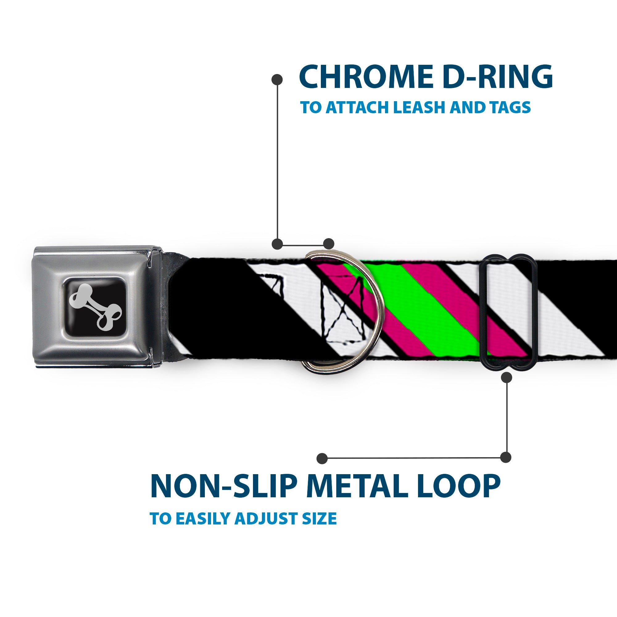 Dog Bone Seatbelt Buckle Collar - Diagonal Stripes Black/White/Pink/Green Seatbelt Buckle Collars Buckle-Down