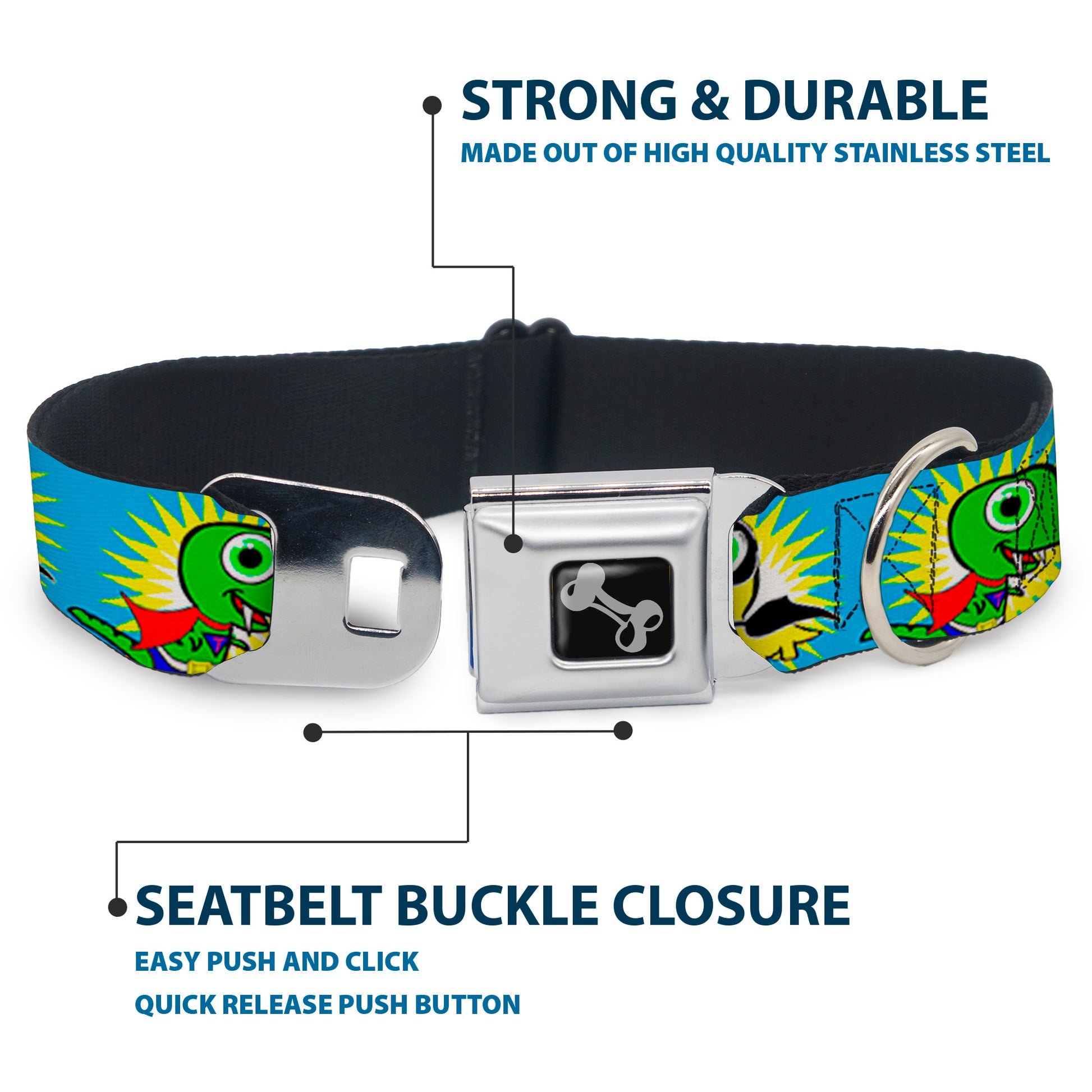 Dog Bone Seatbelt Buckle Collar - Dinosaur Superhero Baby Blue Seatbelt Buckle Collars Buckle-Down