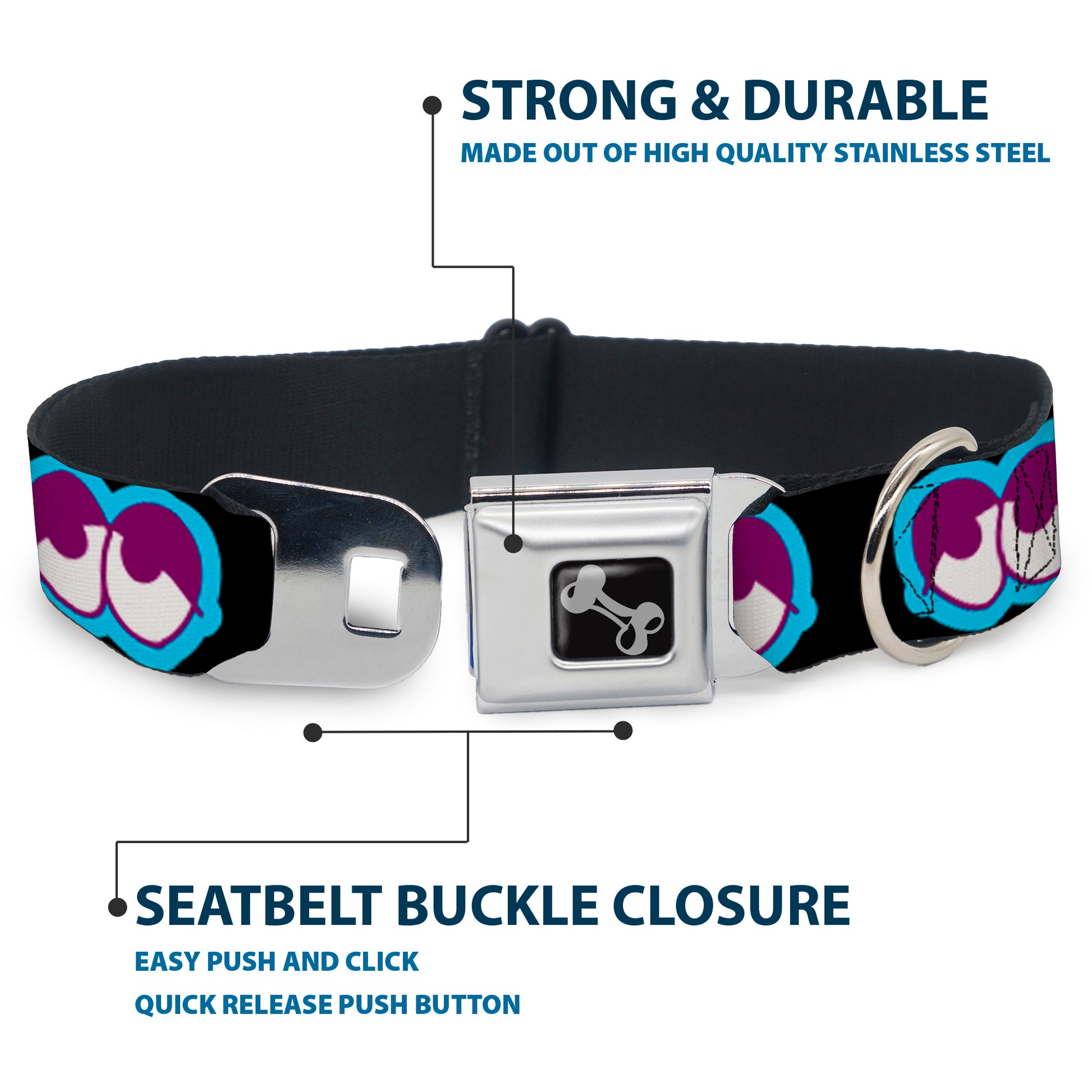 Dog Bone Seatbelt Buckle Collar - Dopey Eyes Black/Baby Blue/Purple Seatbelt Buckle Collars Buckle-Down