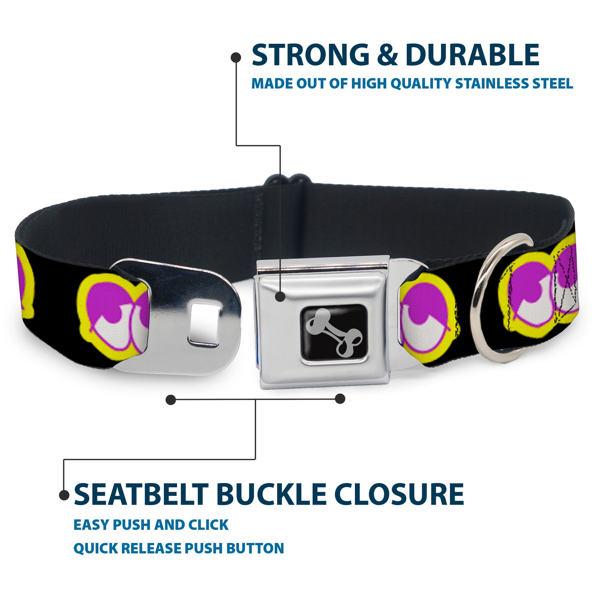 Dog Bone Seatbelt Buckle Collar - Dopey Eyes Black/Yellow/Purple Seatbelt Buckle Collars Buckle-Down