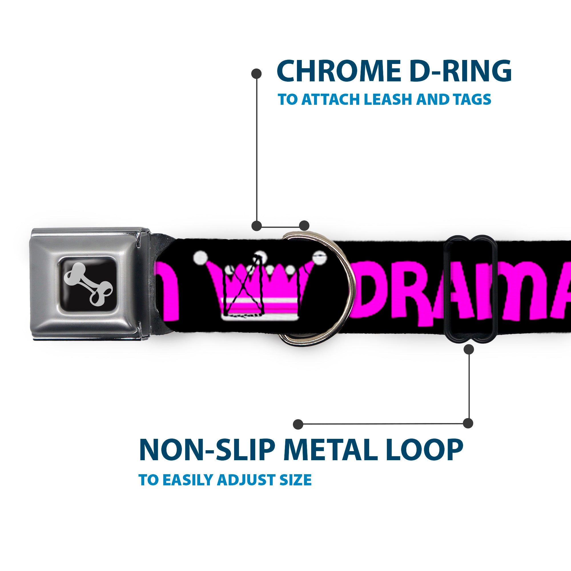 Dog Bone Seatbelt Buckle Collar - DRAMA QUEEN Black/Fuchsia Seatbelt Buckle Collars Buckle-Down