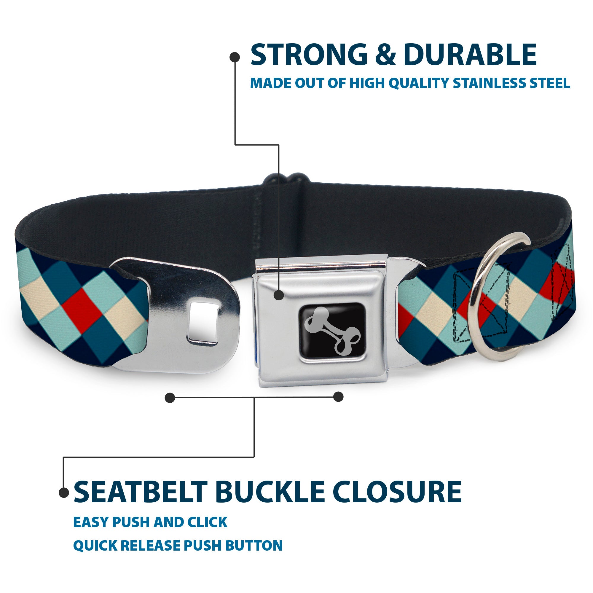 Dog Bone Seatbelt Buckle Collar - Diamond Plaid Blues/Khaki/Red Seatbelt Buckle Collars Buckle-Down