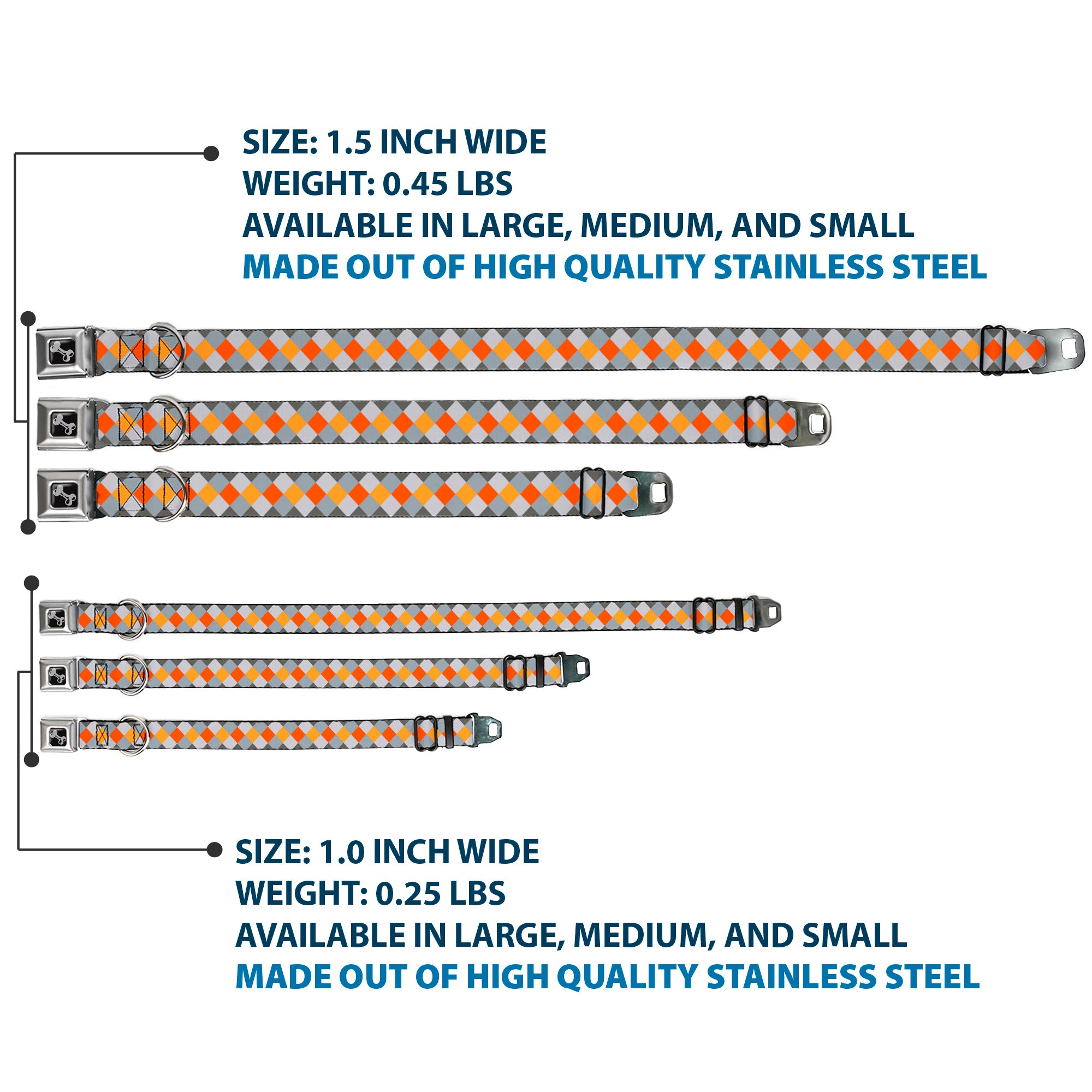 Dog Bone Seatbelt Buckle Collar - Diamond Plaid Grays/Orange Seatbelt Buckle Collars Buckle-Down