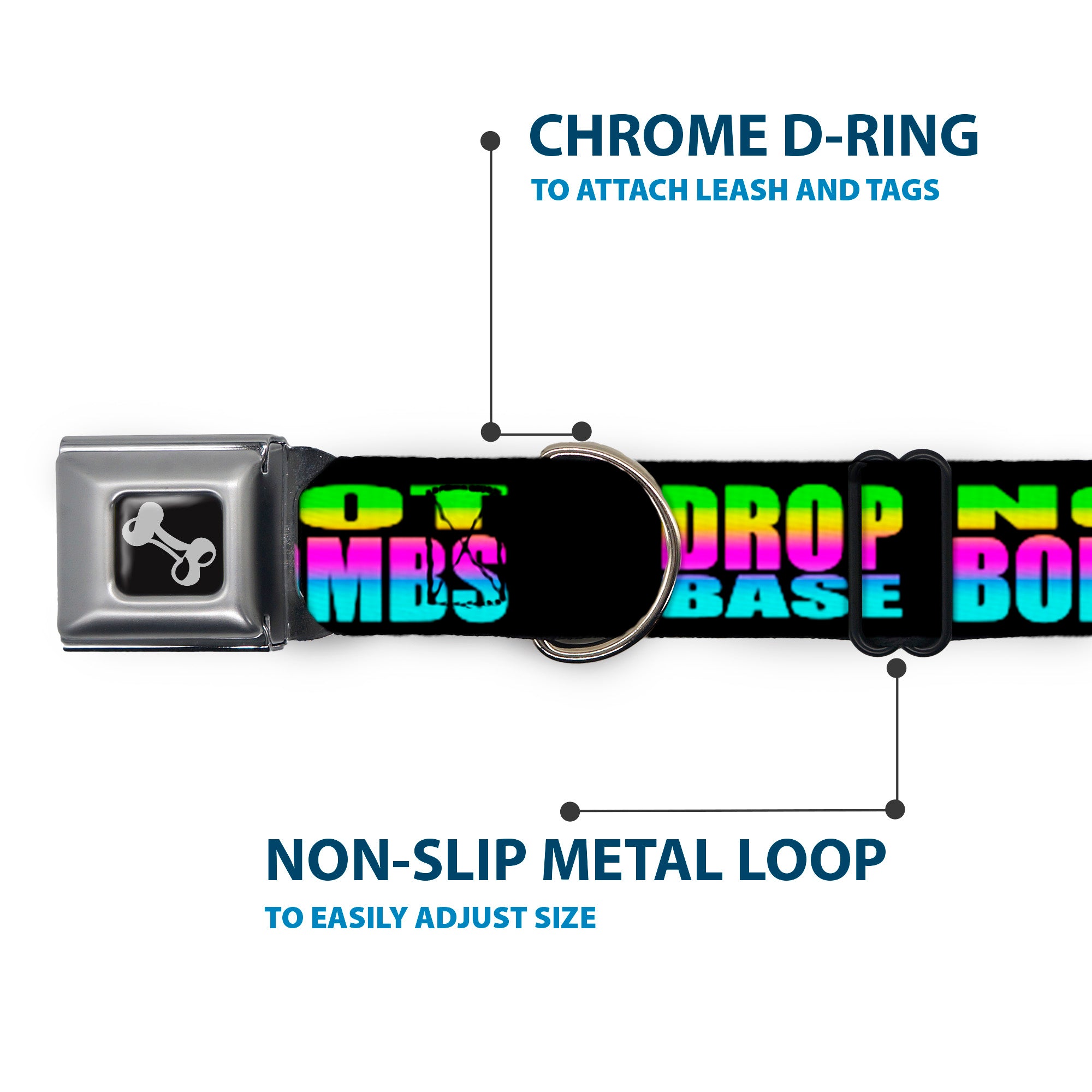 Dog Bone Seatbelt Buckle Collar - DROP BASS NOT BOMBS Black/Rainbow Seatbelt Buckle Collars Buckle-Down