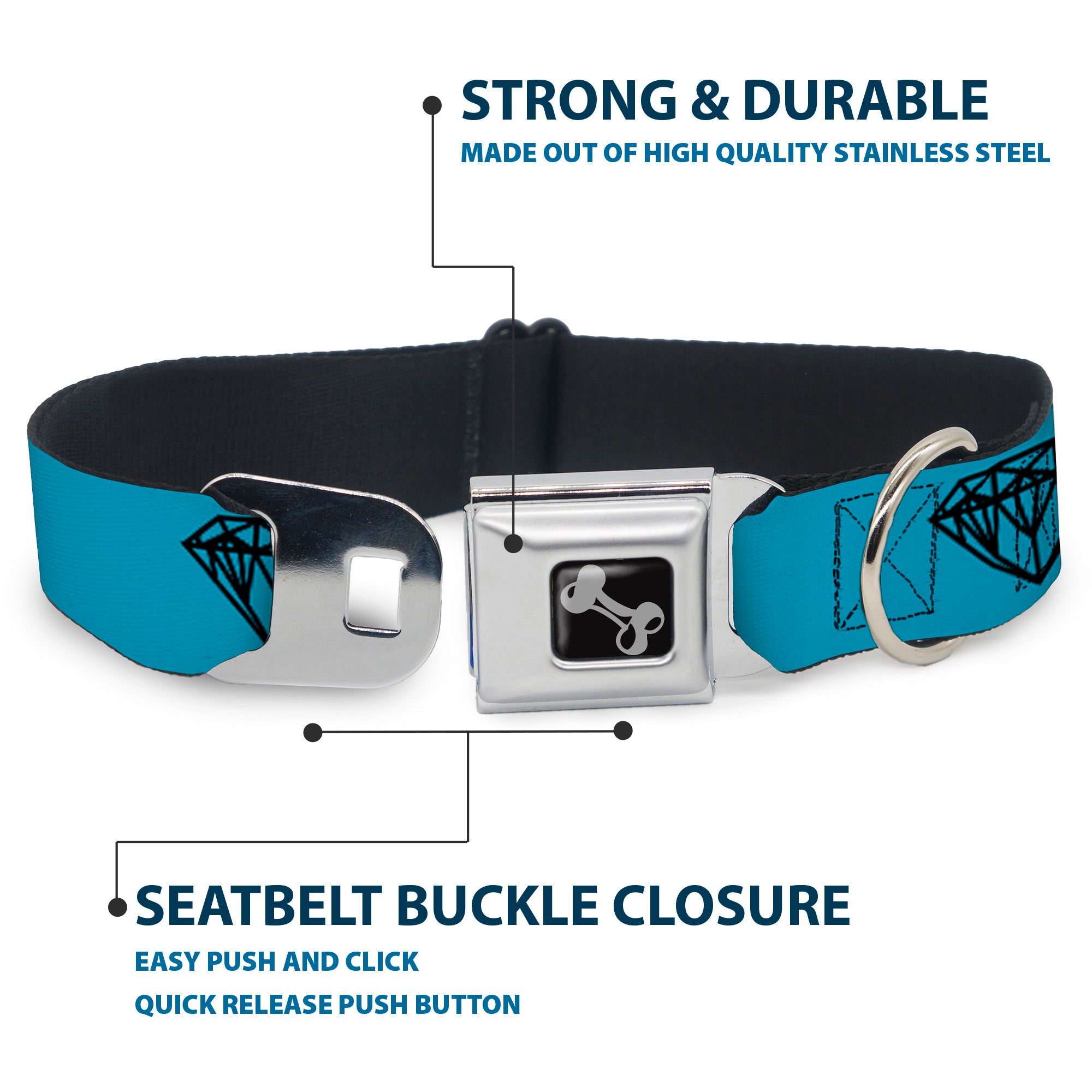 Dog Bone Seatbelt Buckle Collar - Diamond Sketch Turquoise/Black Seatbelt Buckle Collars Buckle-Down
