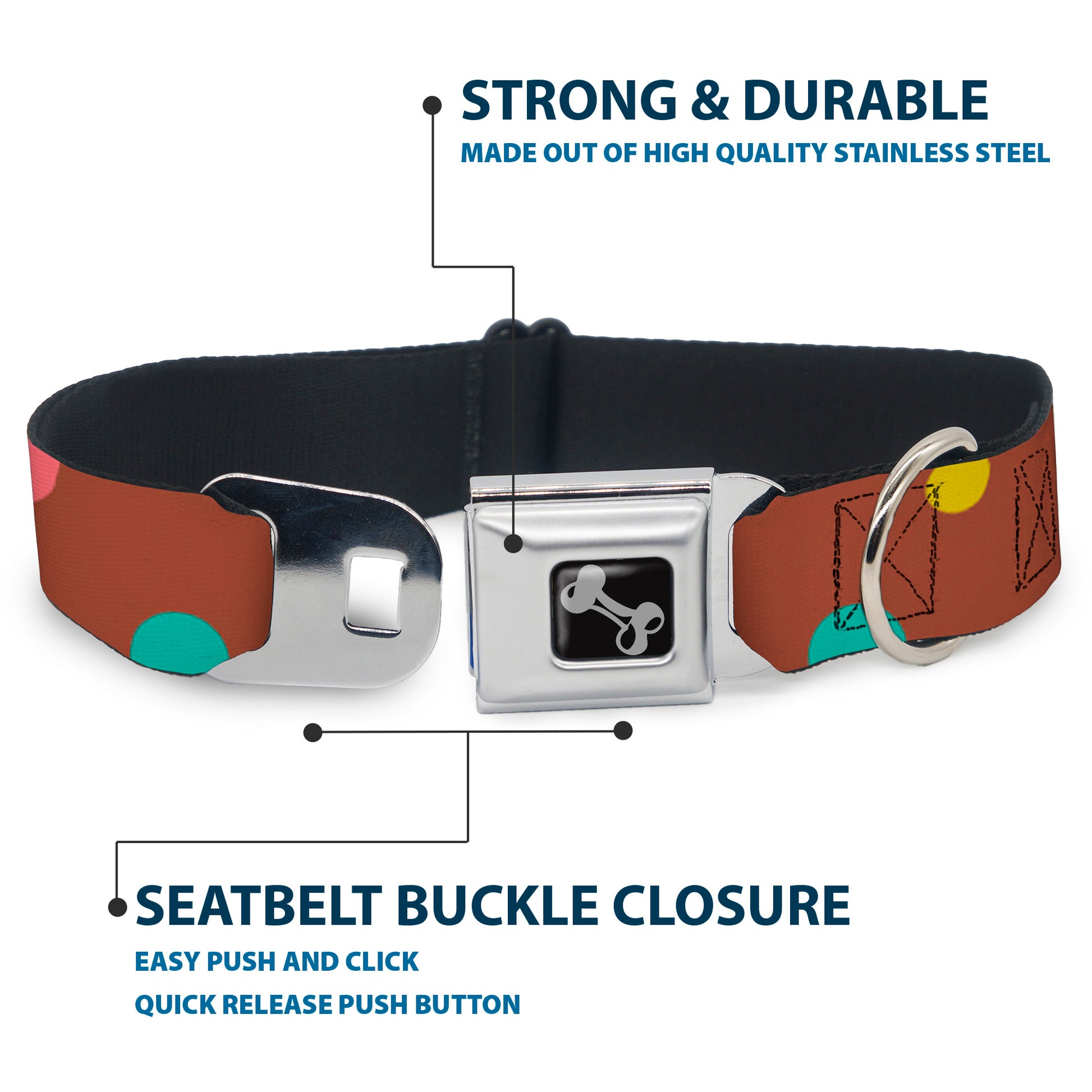 Dog Bone Seatbelt Buckle Collar - Dots Brown/Multi Pastel Seatbelt Buckle Collars Buckle-Down