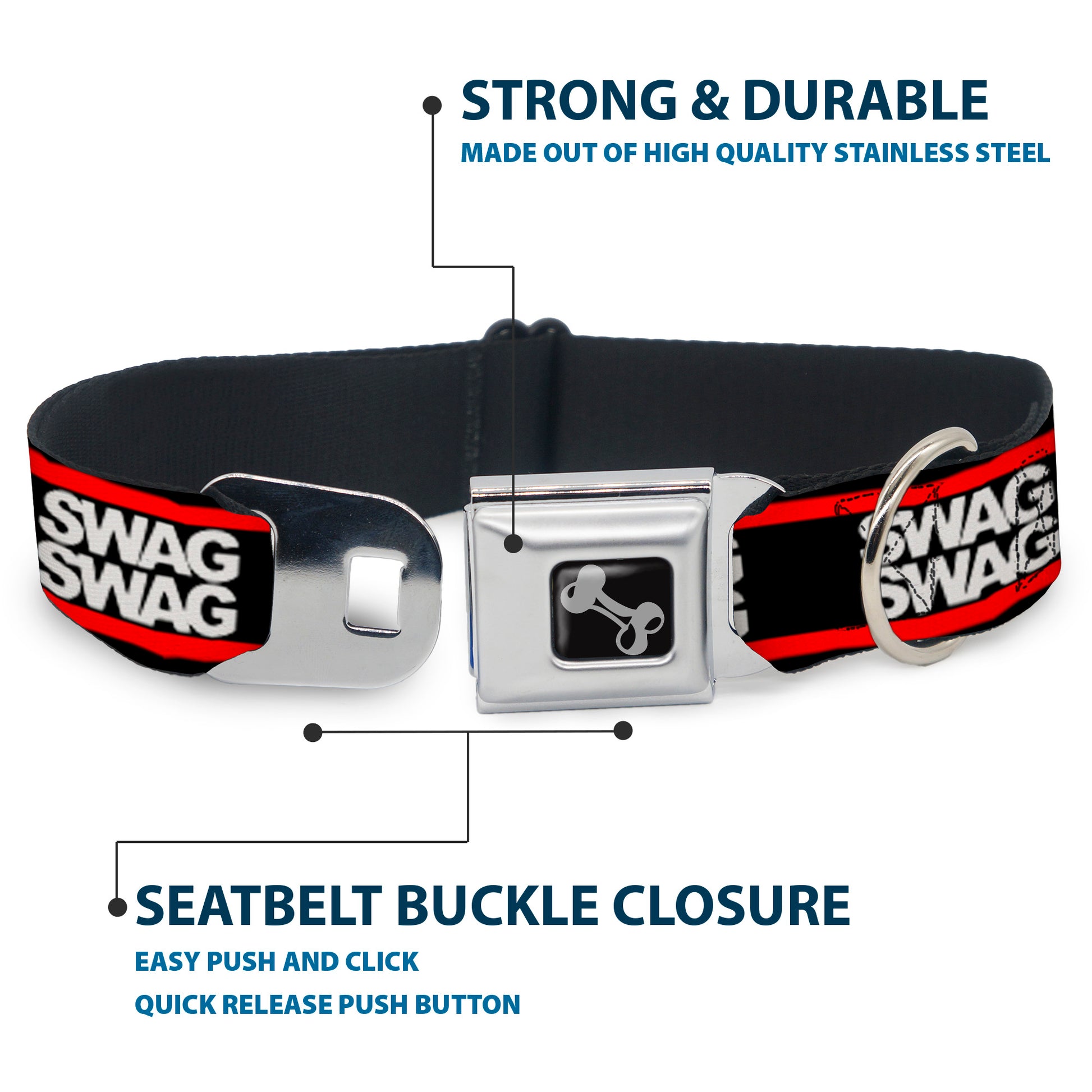 Dog Bone Seatbelt Buckle Collar - Double SWAG Black/White/Red Stripe Seatbelt Buckle Collars Buckle-Down