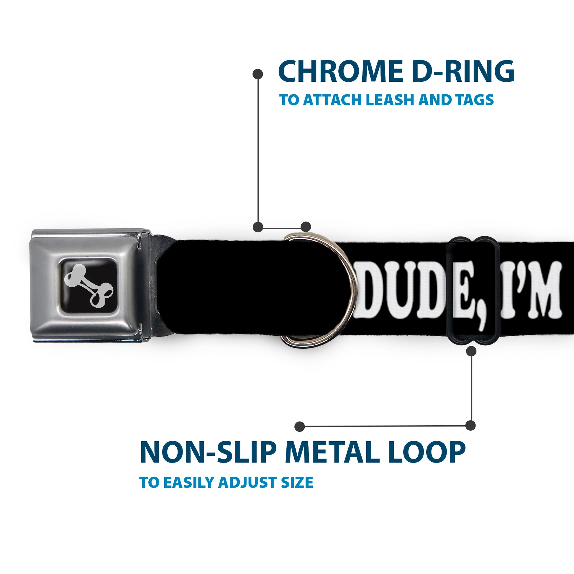 Dog Bone Seatbelt Buckle Collar - DUDE, I'M NOT YOUR BRO! Black/White Seatbelt Buckle Collars Buckle-Down