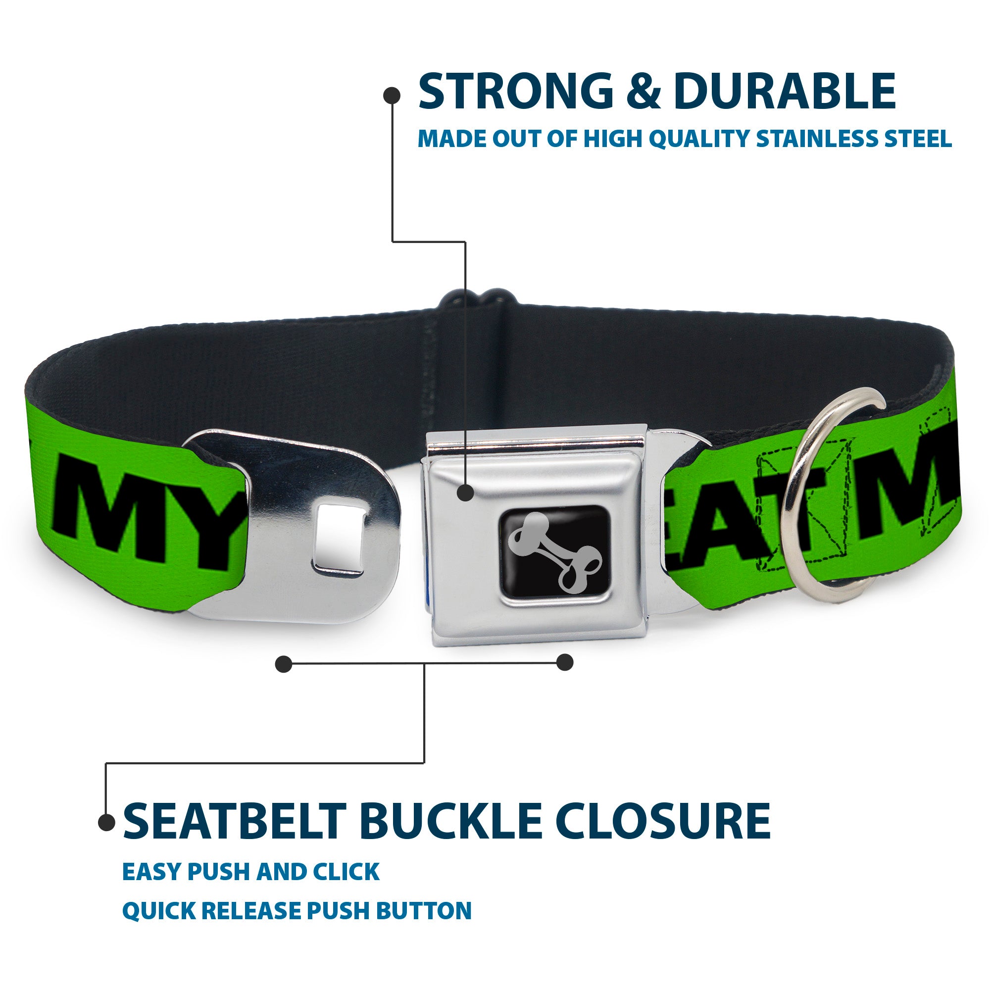 Dog Bone Seatbelt Buckle Collar - DON'T SWEAT MY SWAG Neon Green/Black/Red Seatbelt Buckle Collars Buckle-Down