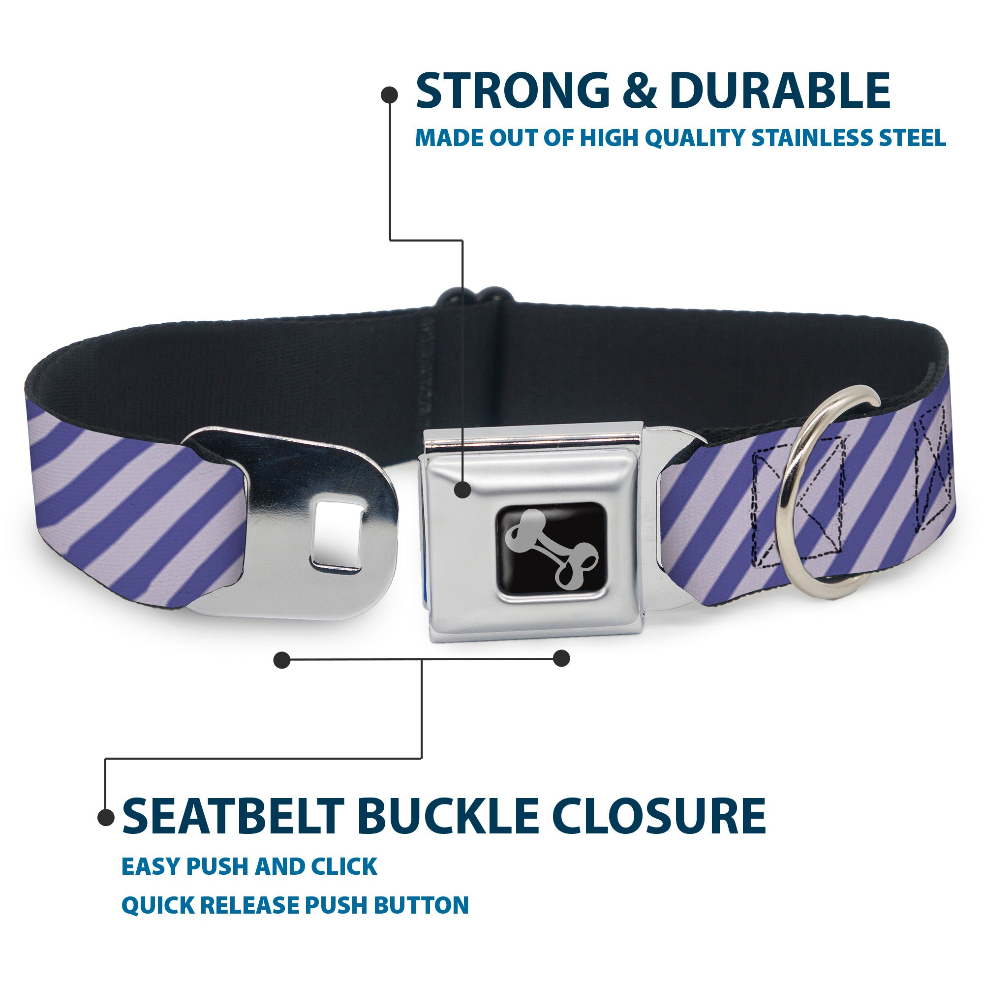 Dog Bone Seatbelt Buckle Collar - Diagonal Stripes Pastel Blues Seatbelt Buckle Collars Buckle-Down