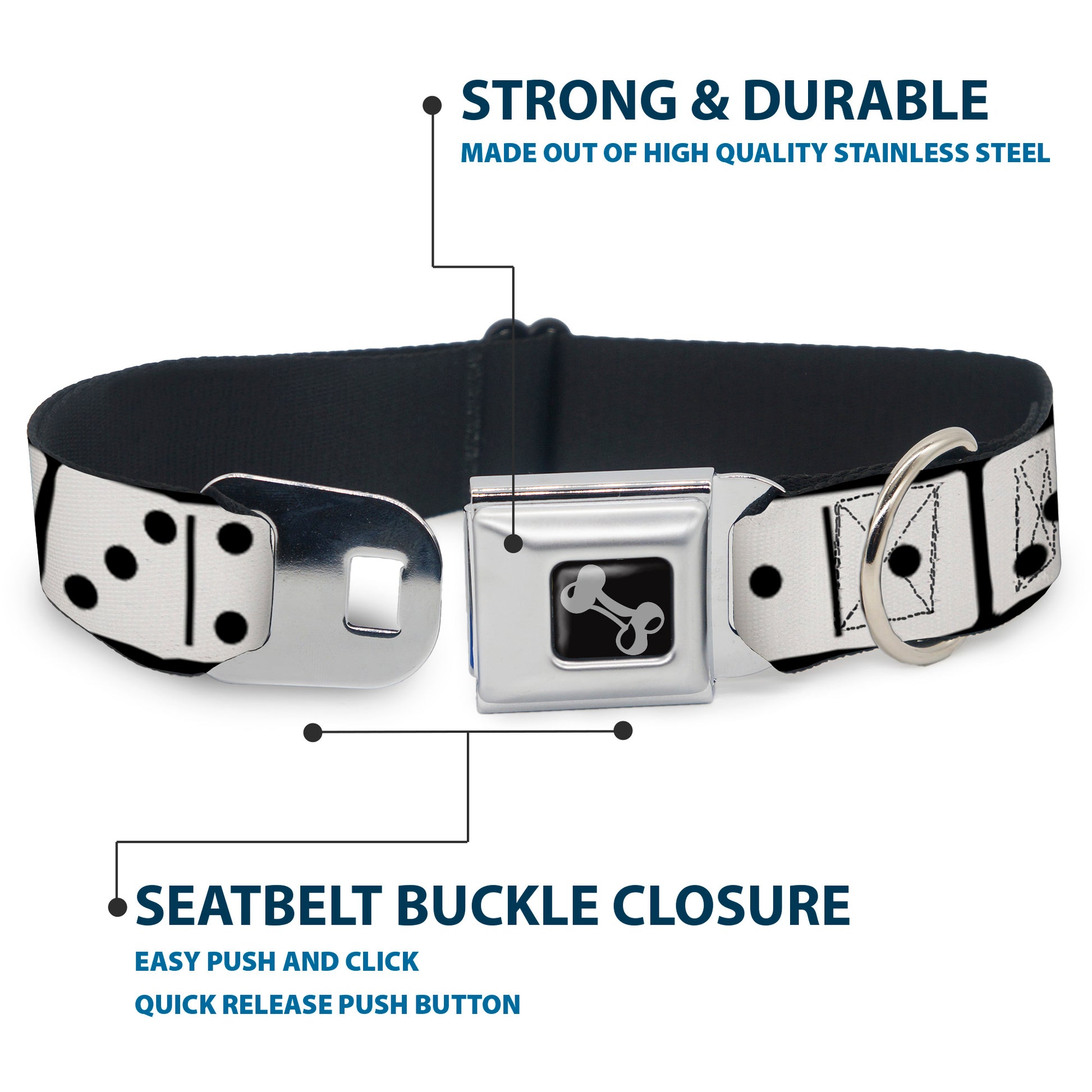 Dog Bone Seatbelt Buckle Collar - Dominoes Black/White/Black Seatbelt Buckle Collars Buckle-Down
