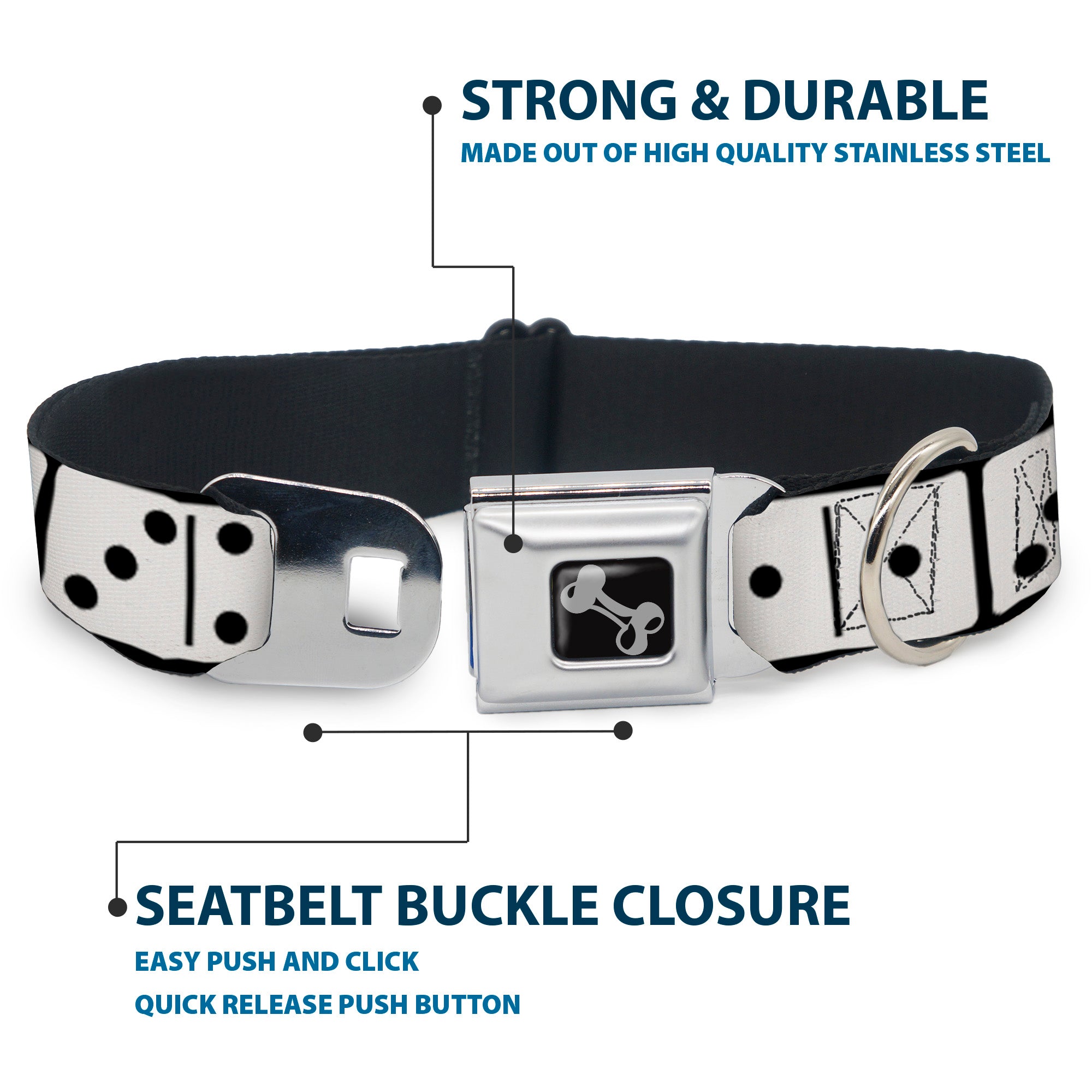 Dog Bone Seatbelt Buckle Collar - Dominoes Black/White/Black Seatbelt Buckle Collars Buckle-Down