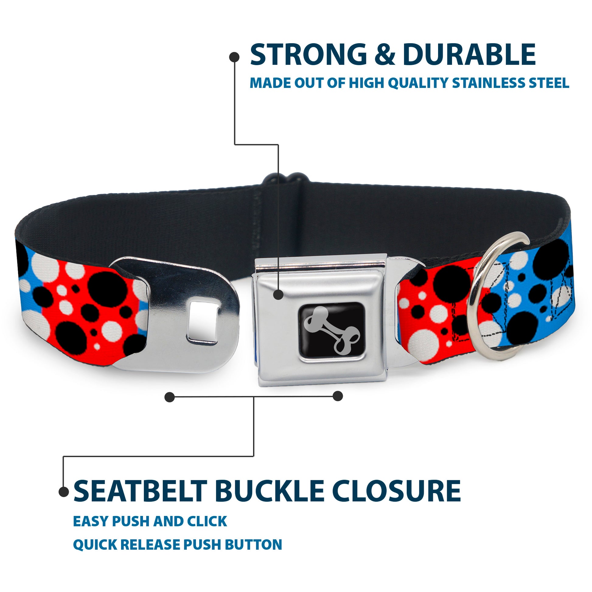Dog Bone Seatbelt Buckle Collar - Dot Blocks Blue/Red/Black/White Seatbelt Buckle Collars Buckle-Down