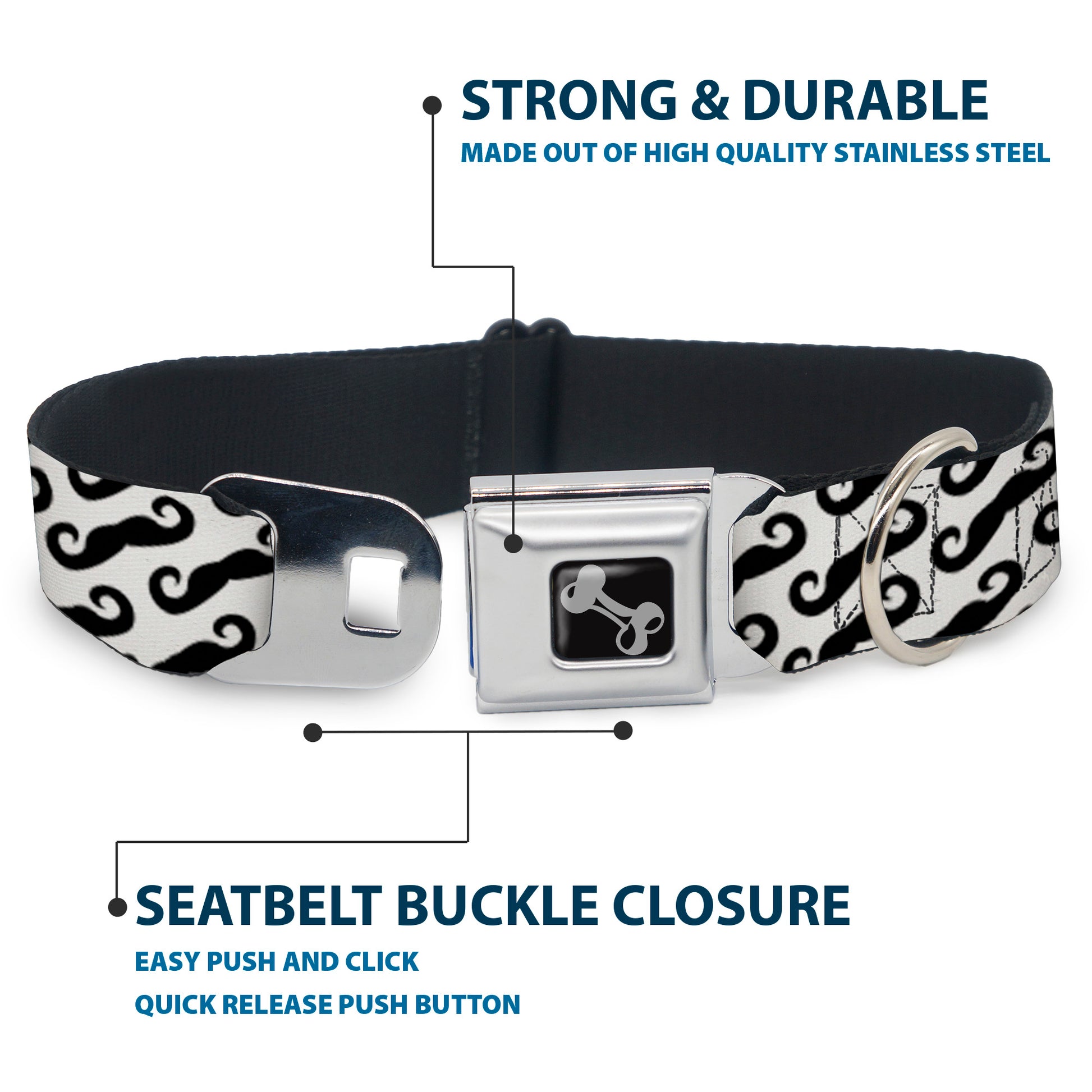 Dog Bone Seatbelt Buckle Collar - Diagonal Handlebar Mustaches White/Black Seatbelt Buckle Collars Buckle-Down