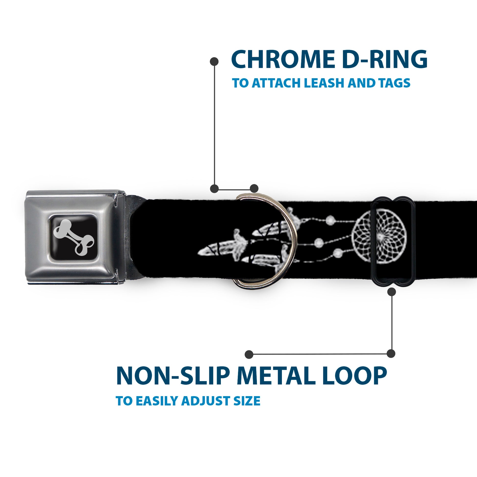 Dog Bone Black/Silver Seatbelt Buckle Collar - Dream Catcher Black/White Seatbelt Buckle Collars Buckle-Down