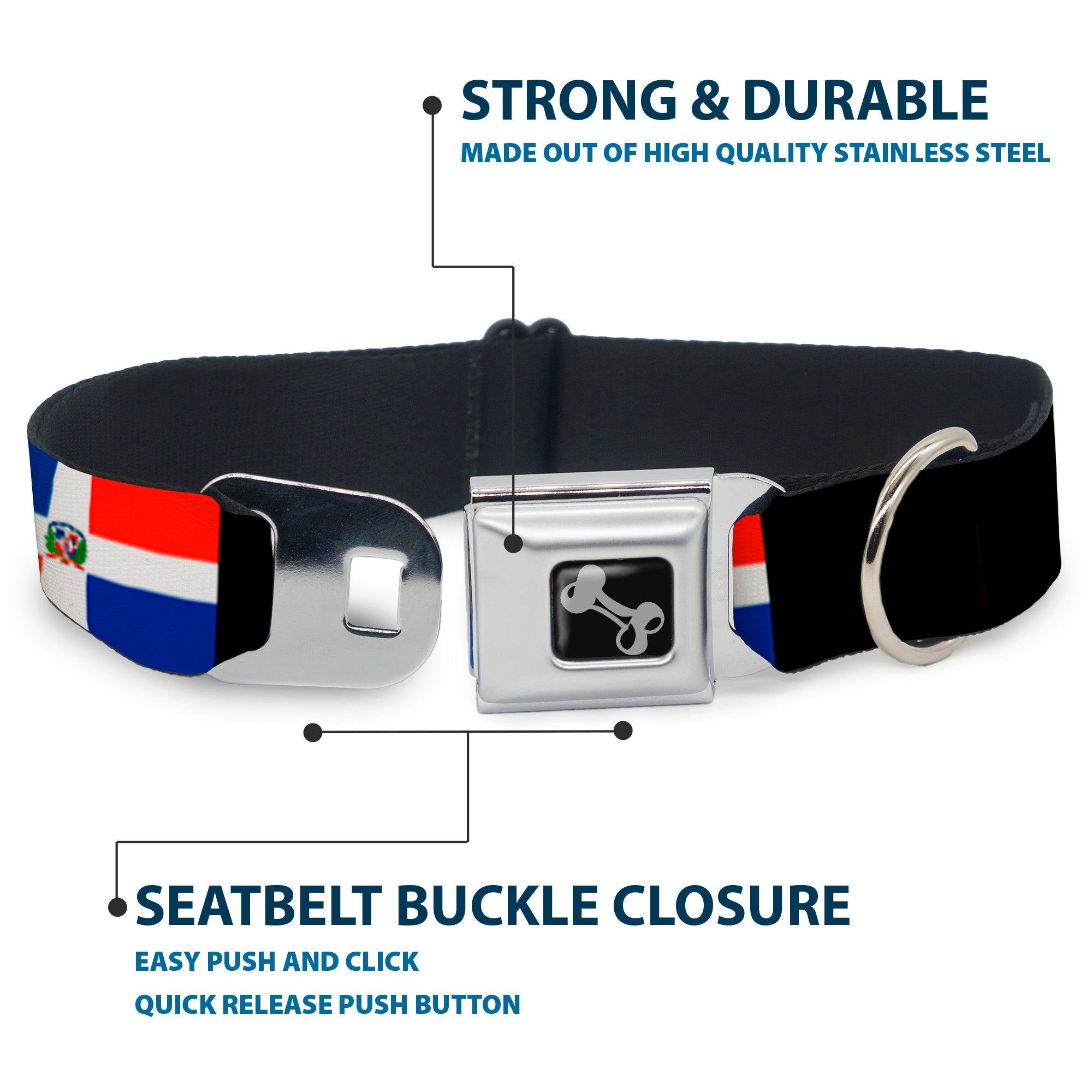 Dog Bone Seatbelt Buckle Collar - Dominican Republic Flags/Black Blocks Seatbelt Buckle Collars Buckle-Down