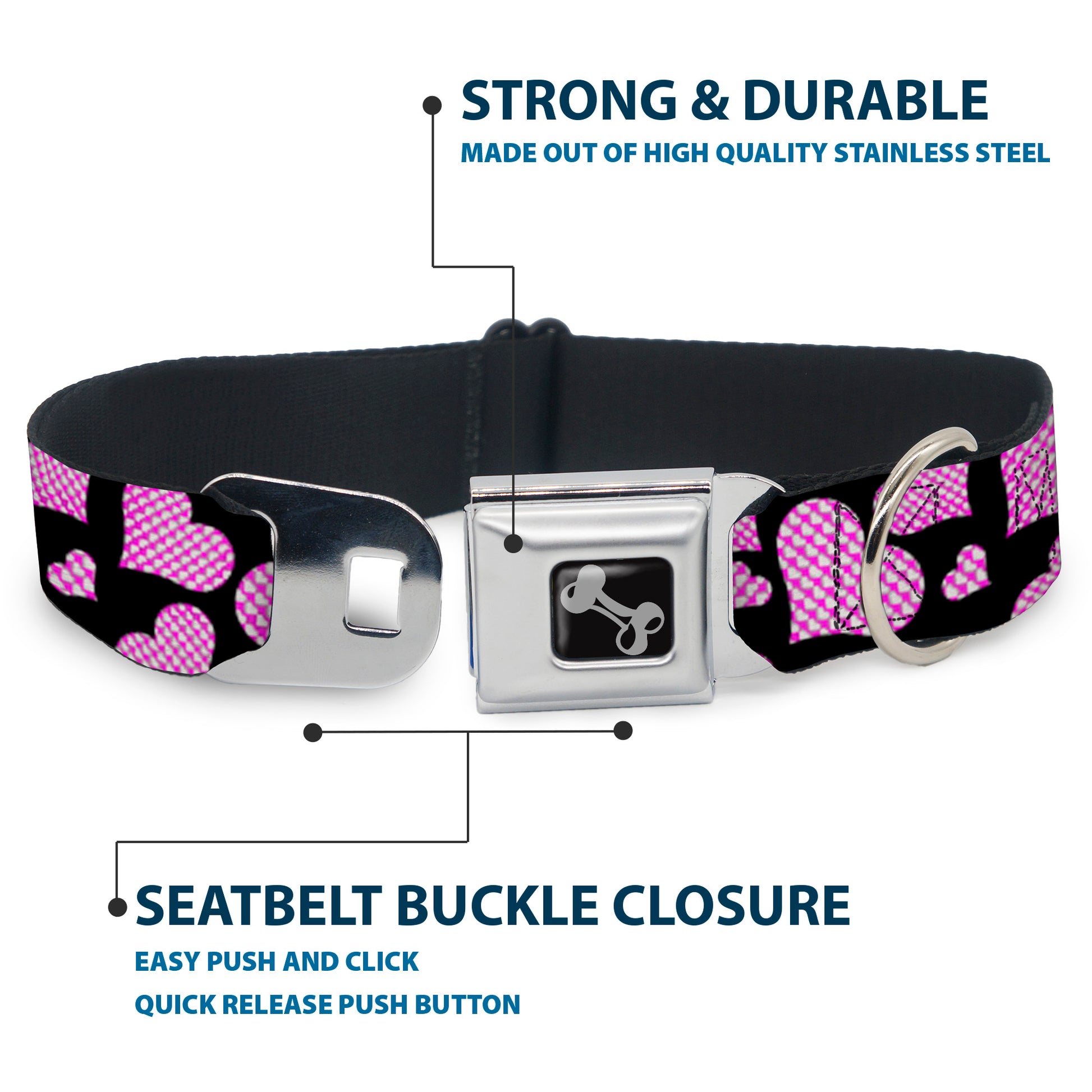 Dog Bone Seatbelt Buckle Collar - Eighties Hearts Black/Fuchsia/White Seatbelt Buckle Collars Buckle-Down