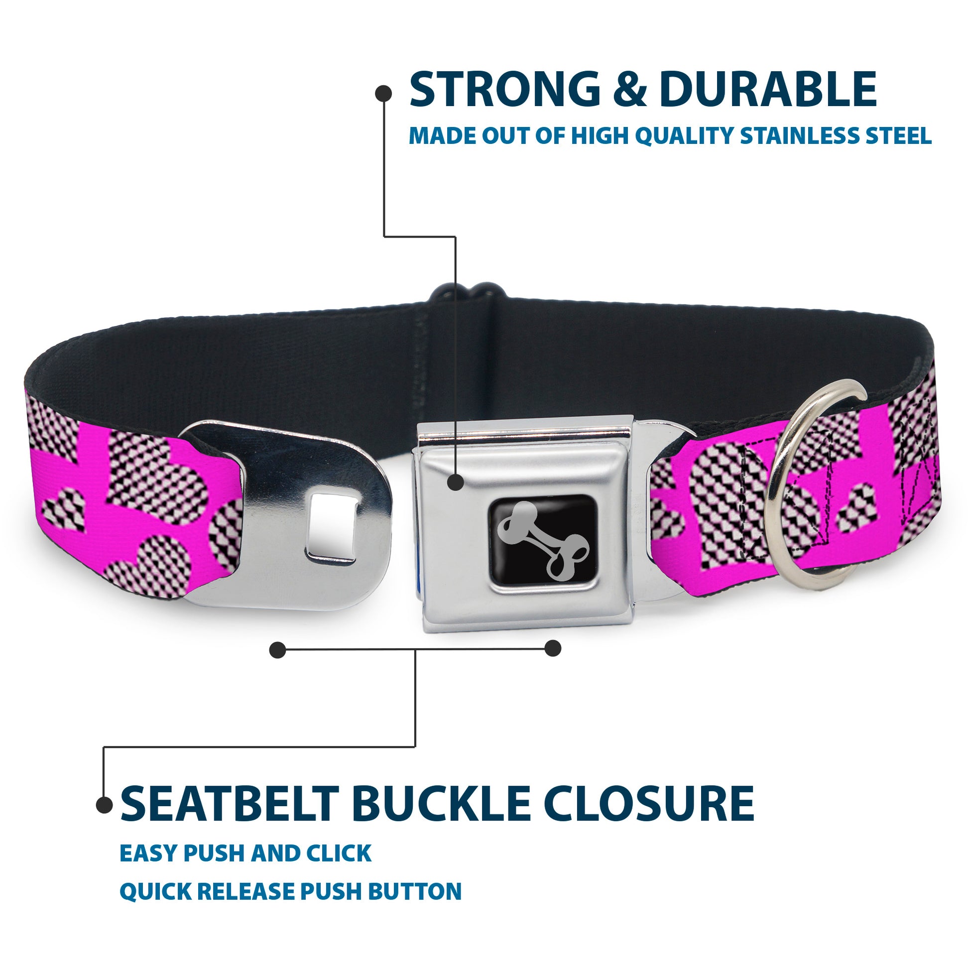 Dog Bone Seatbelt Buckle Collar - Eighties Hearts Fuchsia/Black/White Seatbelt Buckle Collars Buckle-Down