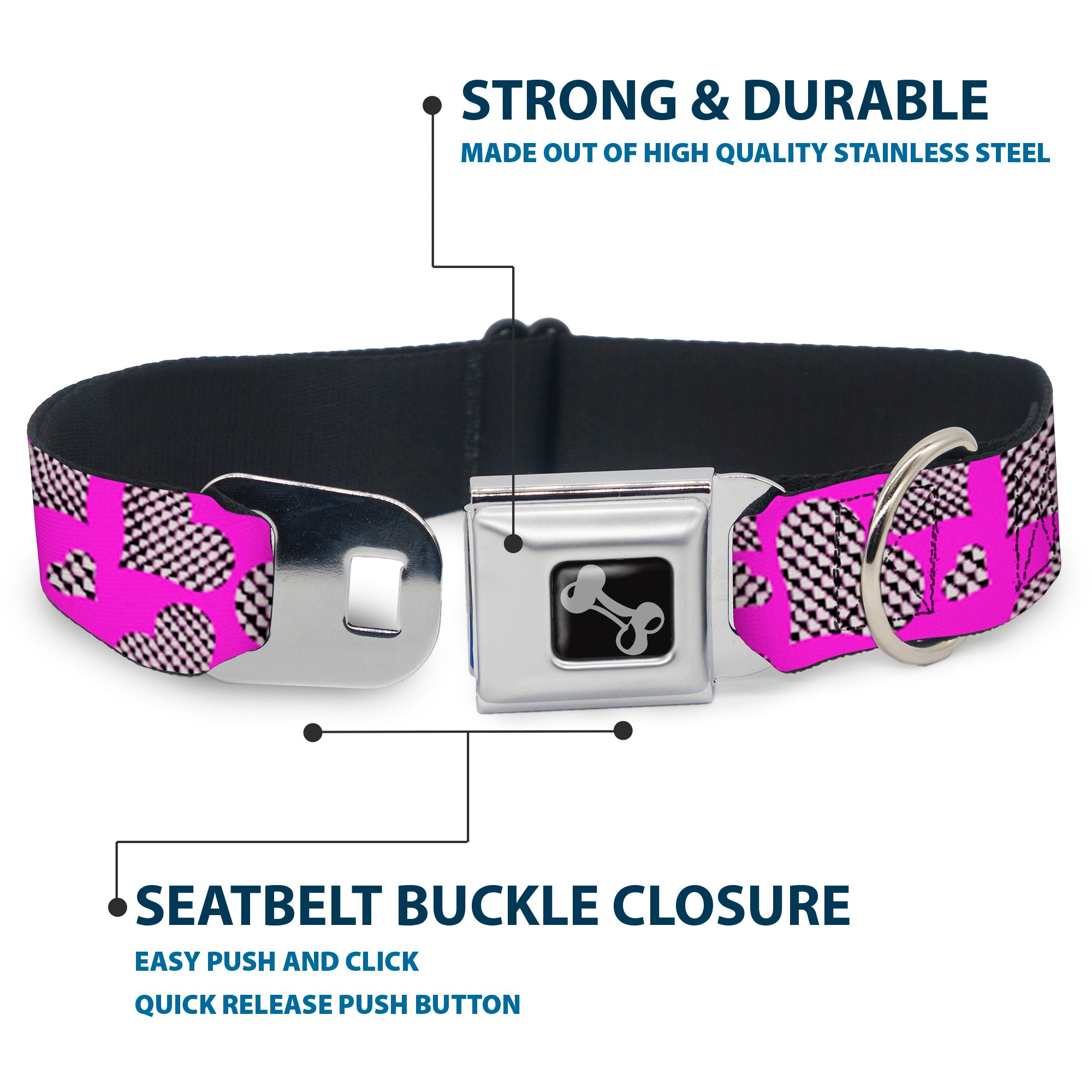 Dog Bone Seatbelt Buckle Collar - Eighties Hearts Fuchsia/Black/White Seatbelt Buckle Collars Buckle-Down