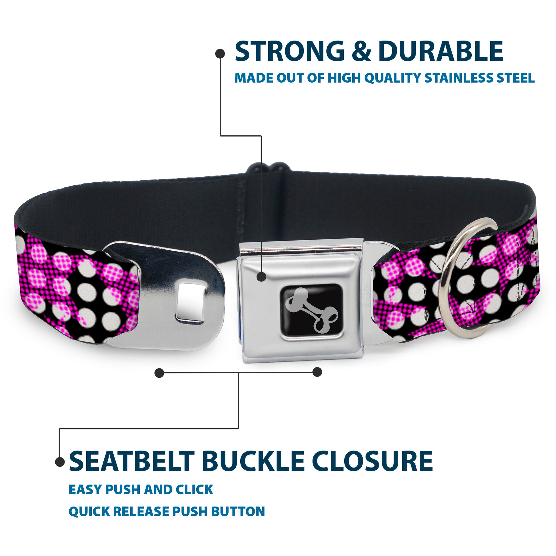 Dog Bone Seatbelt Buckle Collar - Eighties Stars1 Black/White/Fuchsia Seatbelt Buckle Collars Buckle-Down