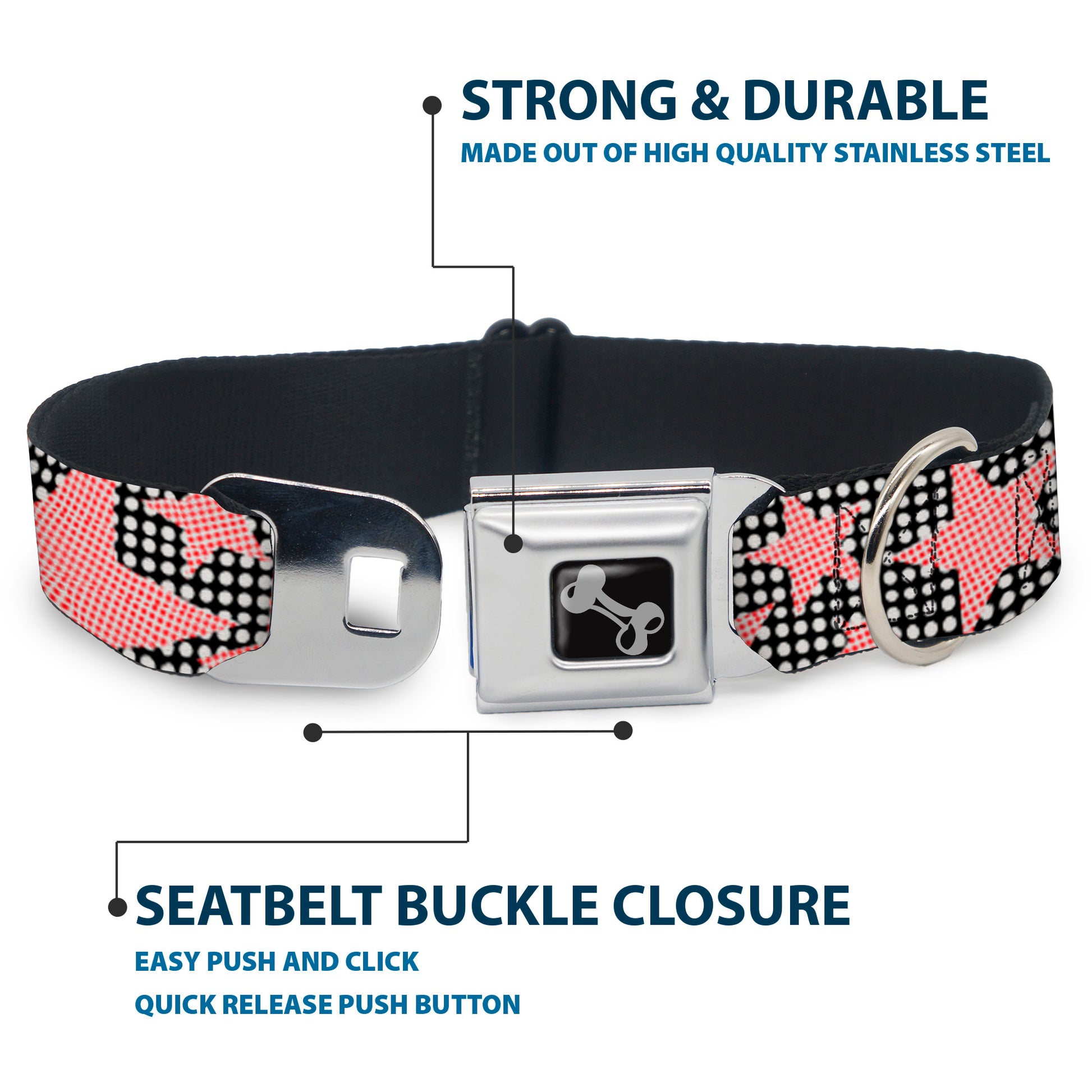 Dog Bone Seatbelt Buckle Collar - Eighties Stars2 Black/White/Red Seatbelt Buckle Collars Buckle-Down