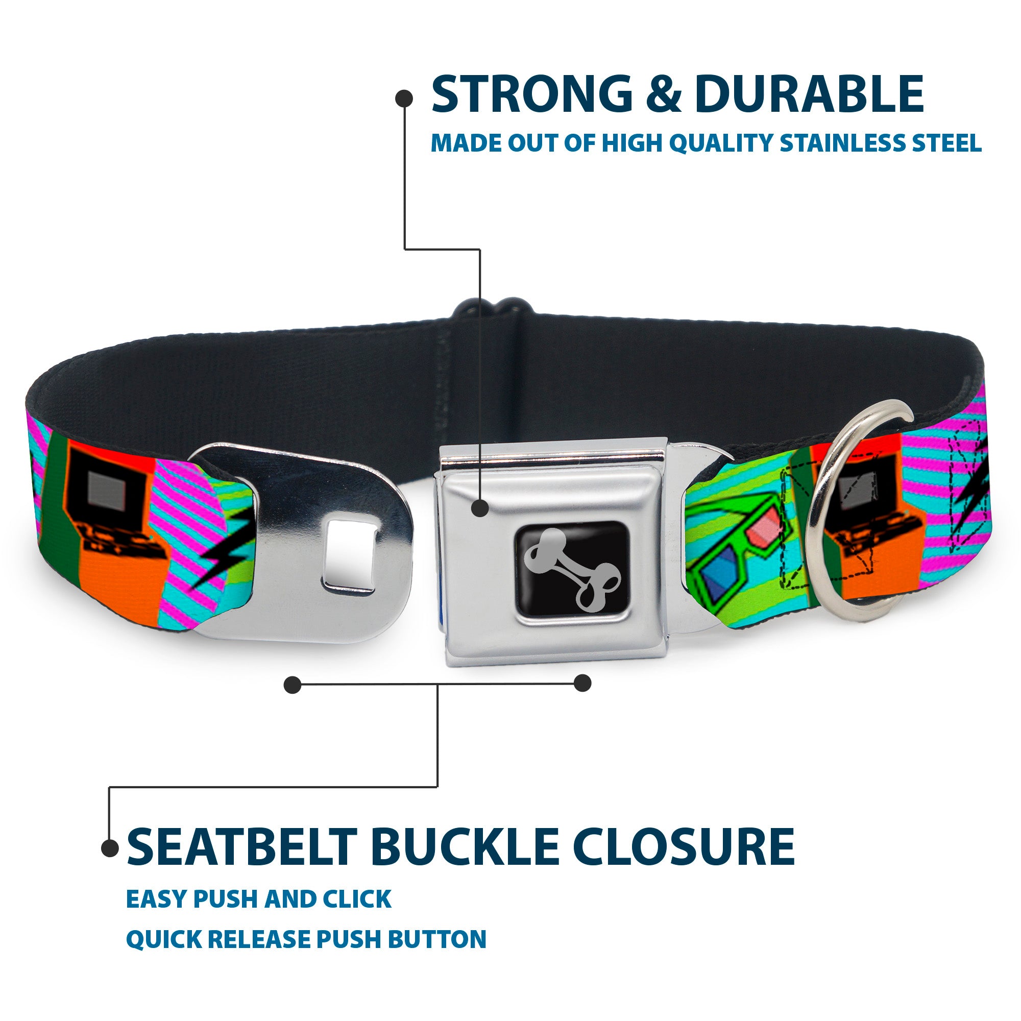 Dog Bone Seatbelt Buckle Collar - Eighties Arcade Multi Neon Stripes Seatbelt Buckle Collars Buckle-Down