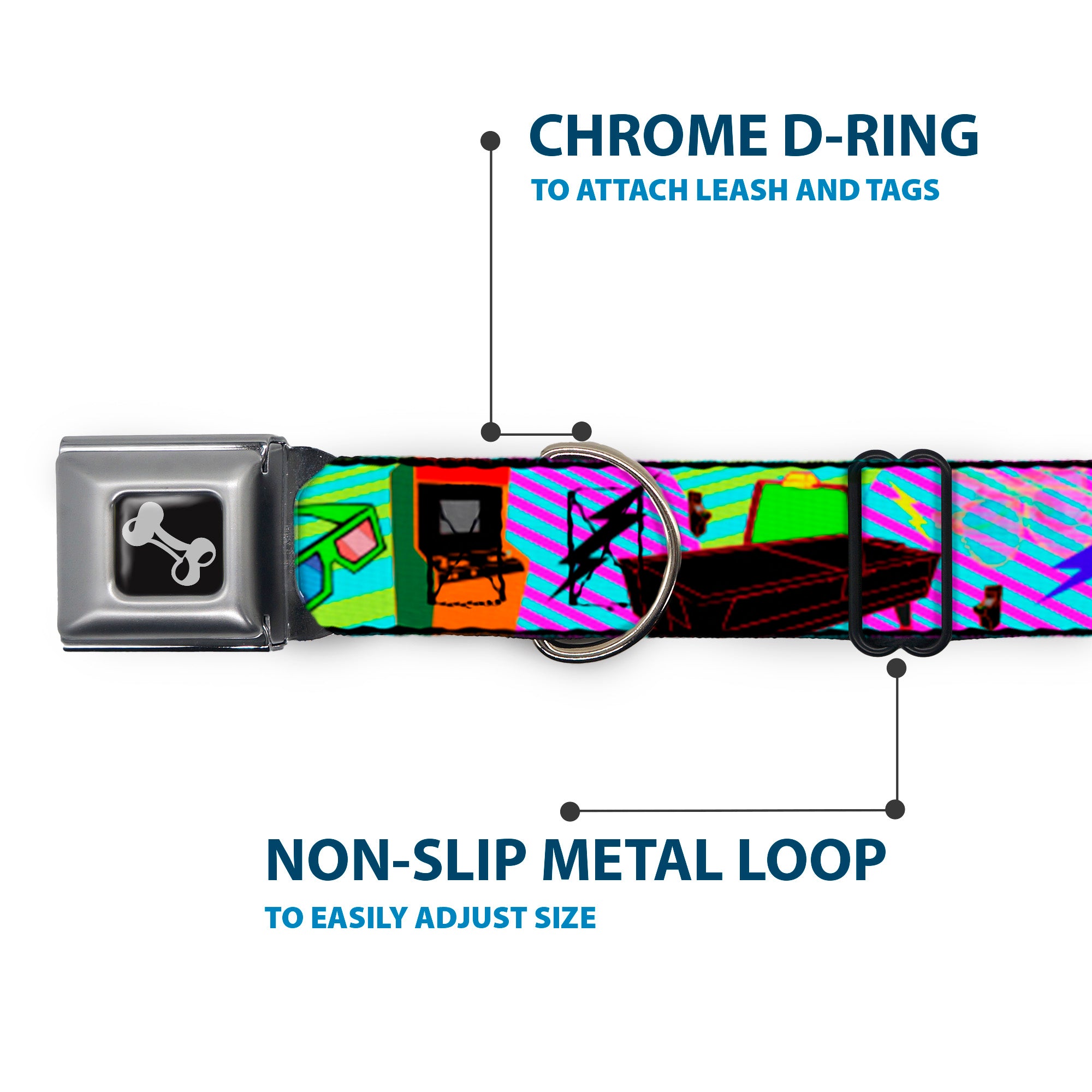 Dog Bone Seatbelt Buckle Collar - Eighties Arcade Multi Neon Stripes Seatbelt Buckle Collars Buckle-Down
