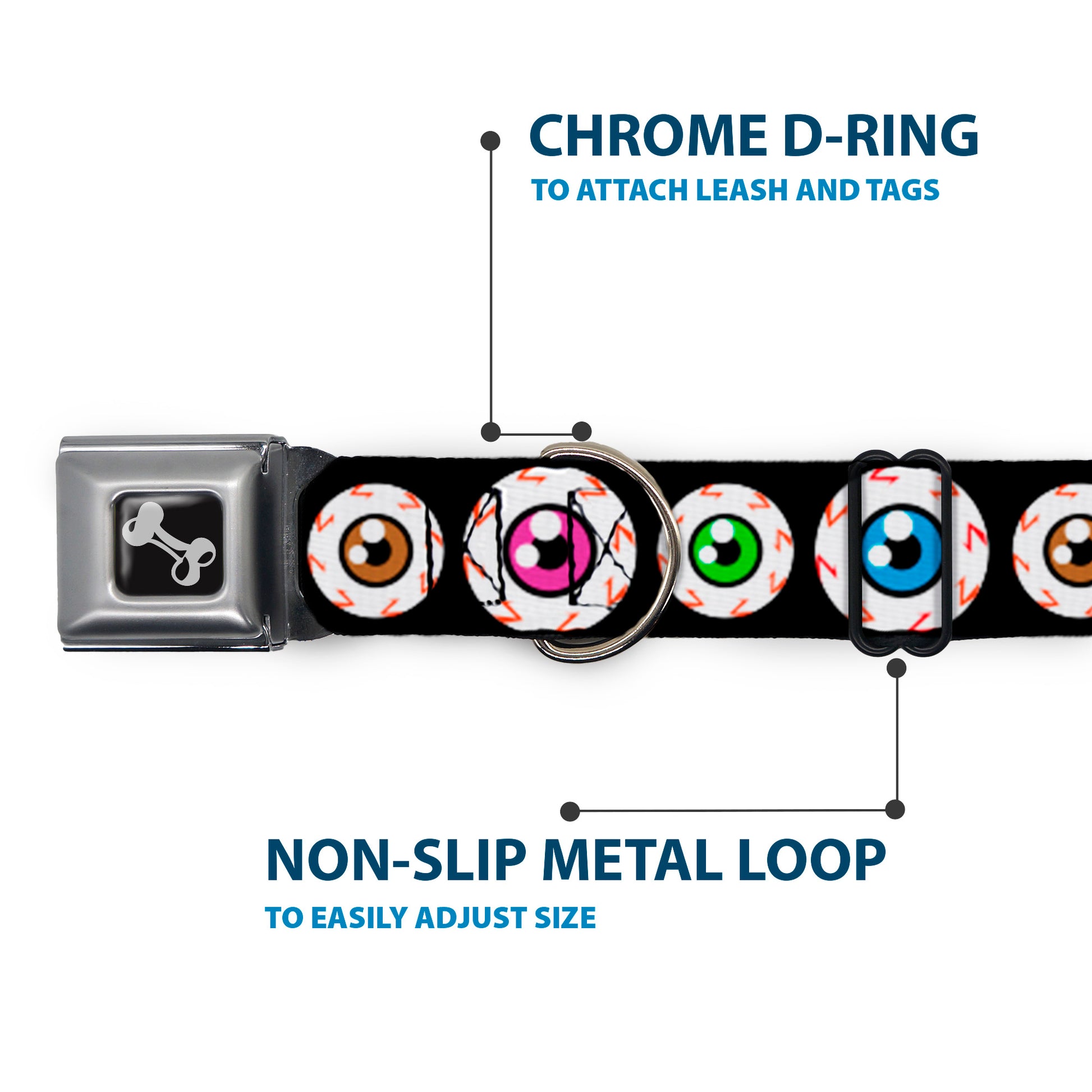 Dog Bone Seatbelt Buckle Collar - Eyeballs Black/Multi Color Seatbelt Buckle Collars Buckle-Down