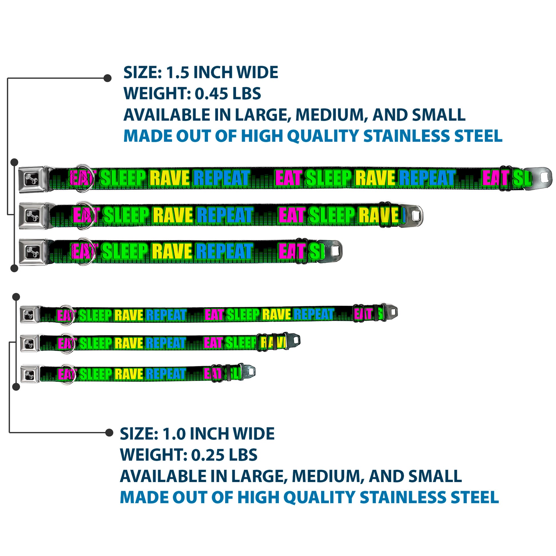 Buckle-Down Seatbelt Buckle Dog Collar - EAT SLEEP RAVE REPEAT Black/Multi Neon Seatbelt Buckle Collars Buckle-Down