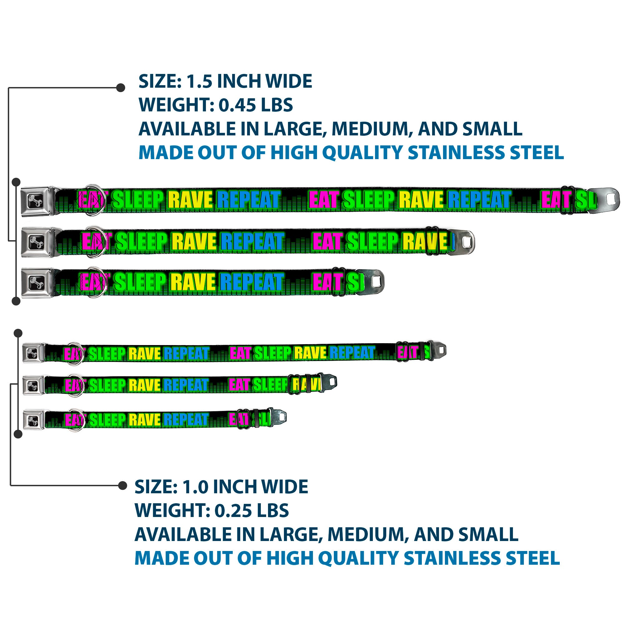 Buckle-Down Seatbelt Buckle Dog Collar - EAT SLEEP RAVE REPEAT Black/Multi Neon Seatbelt Buckle Collars Buckle-Down