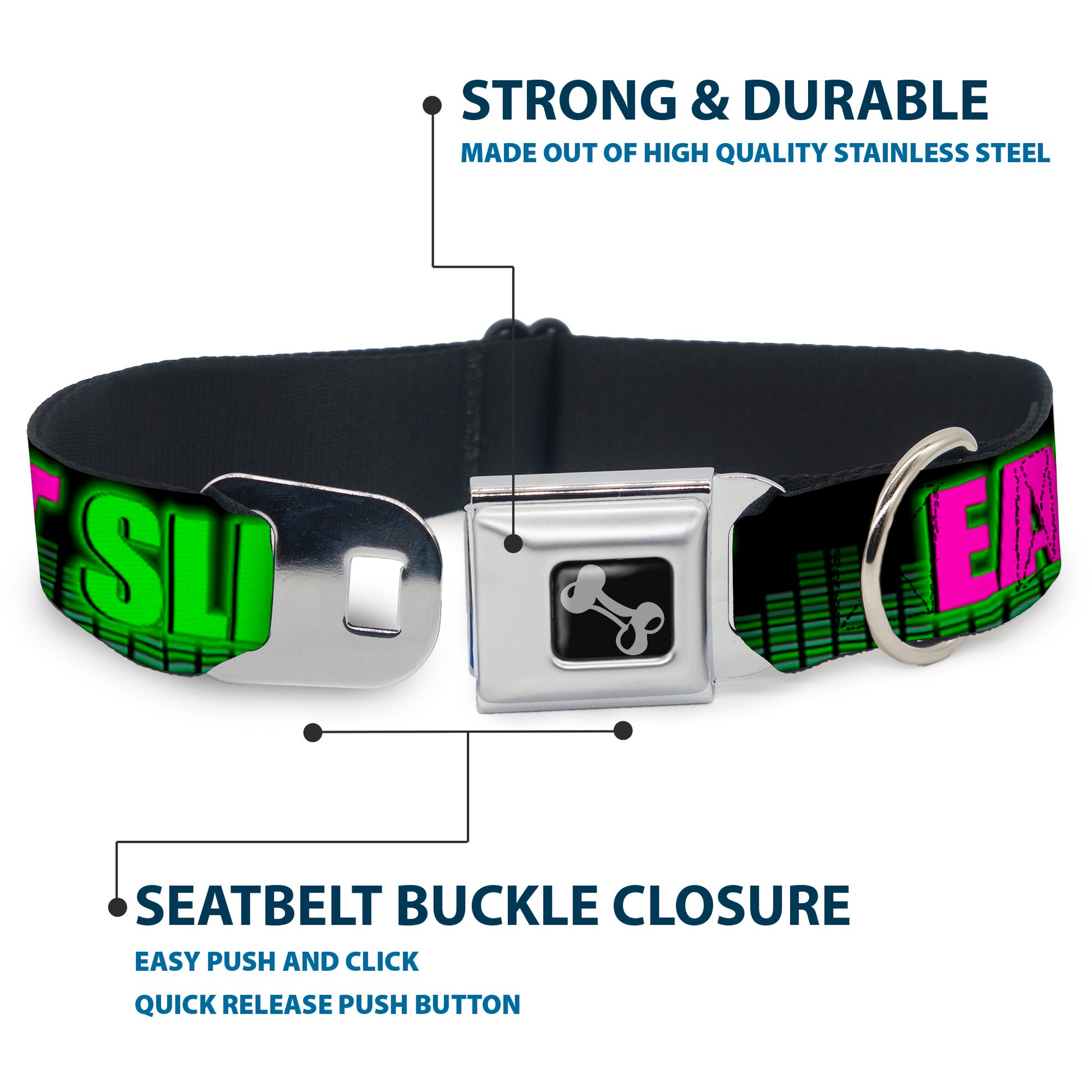 Buckle-Down Seatbelt Buckle Dog Collar - EAT SLEEP RAVE REPEAT Black/Multi Neon Seatbelt Buckle Collars Buckle-Down