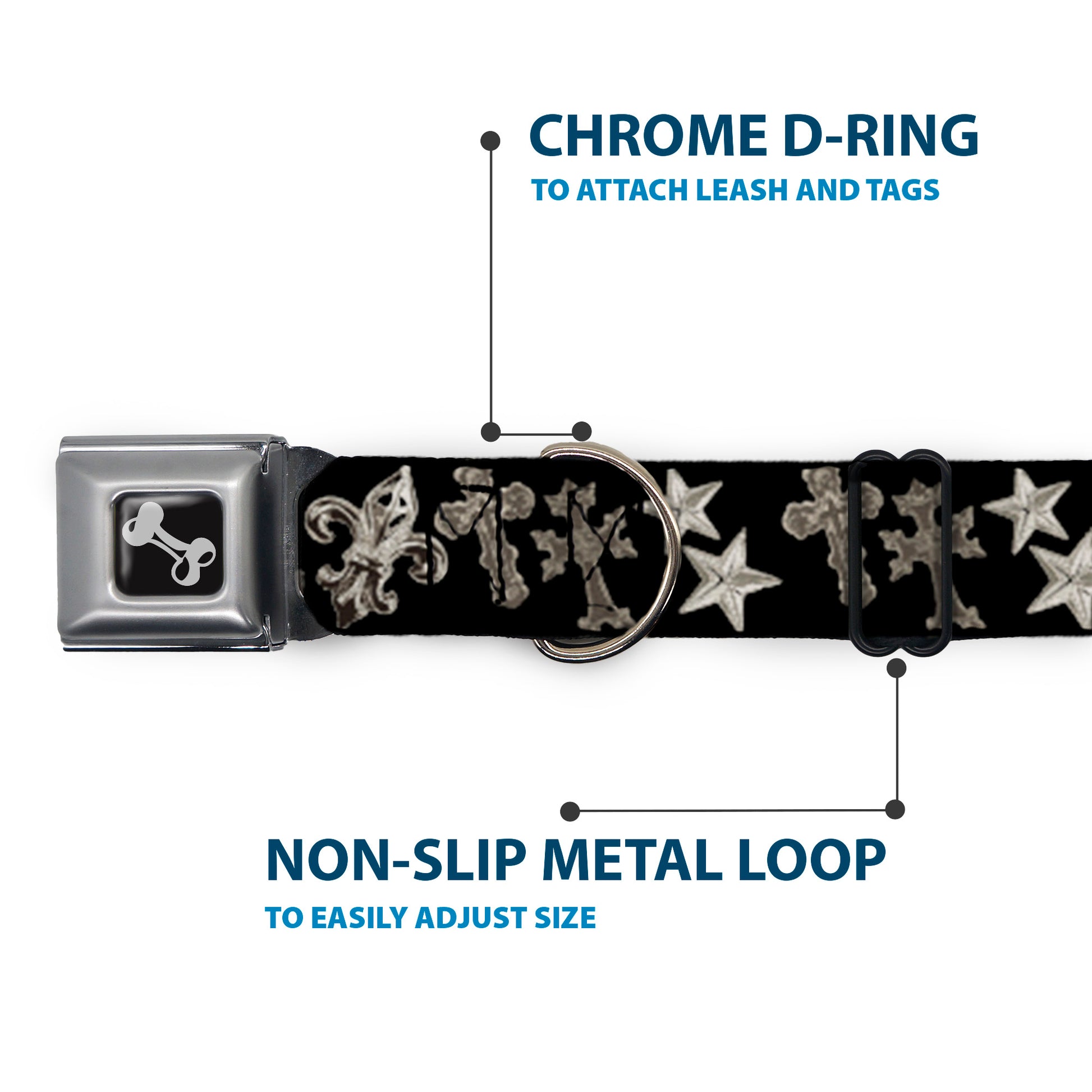 Dog Bone Seatbelt Buckle Collar - Elegant Crosses/Stars/Studs Black/Grays Seatbelt Buckle Collars Buckle-Down