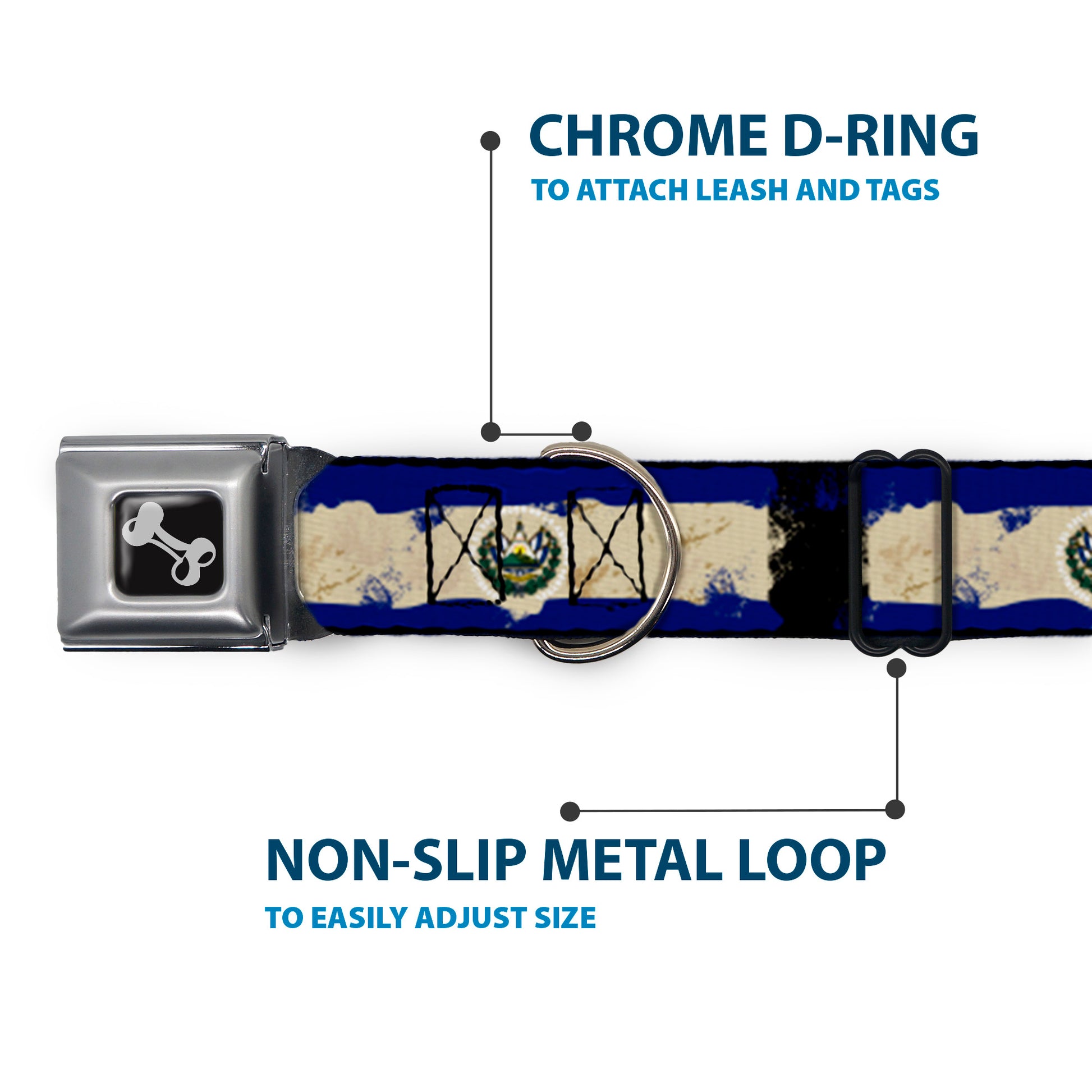 Dog Bone Seatbelt Buckle Collar - El Salvador Flag Distressed Painting Seatbelt Buckle Collars Buckle-Down
