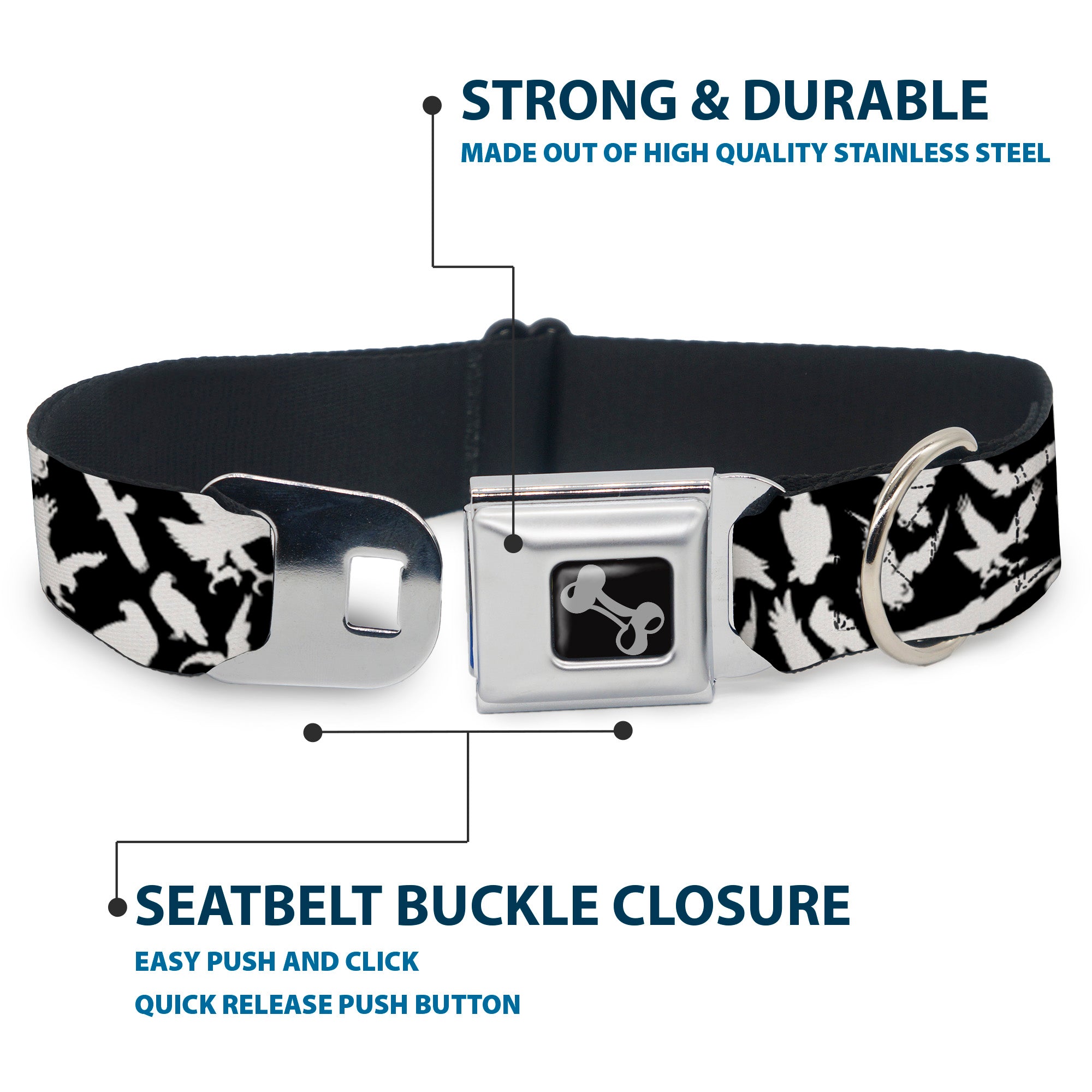 Dog Bone Seatbelt Buckle Collar - Eagle Silhouettes Scattered Black/White Seatbelt Buckle Collars Buckle-Down