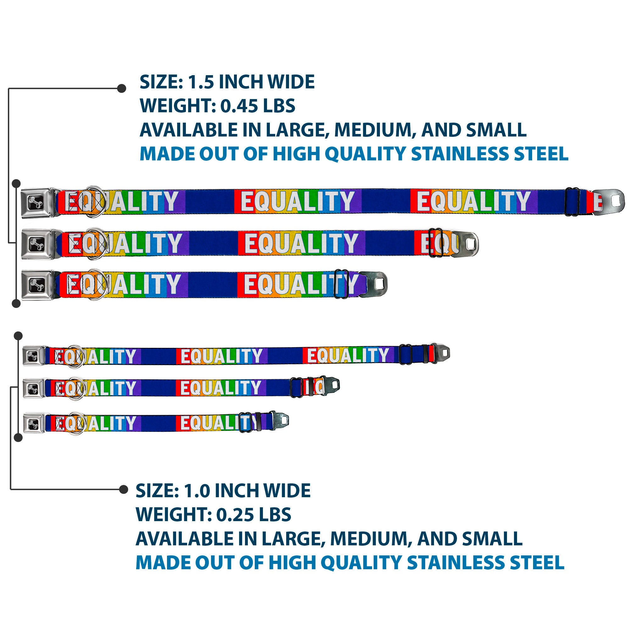 Dog Bone Black/Silver Seatbelt Buckle Collar - EQUALITY Blocks Rainbow/Blue/White Seatbelt Buckle Collars Buckle-Down