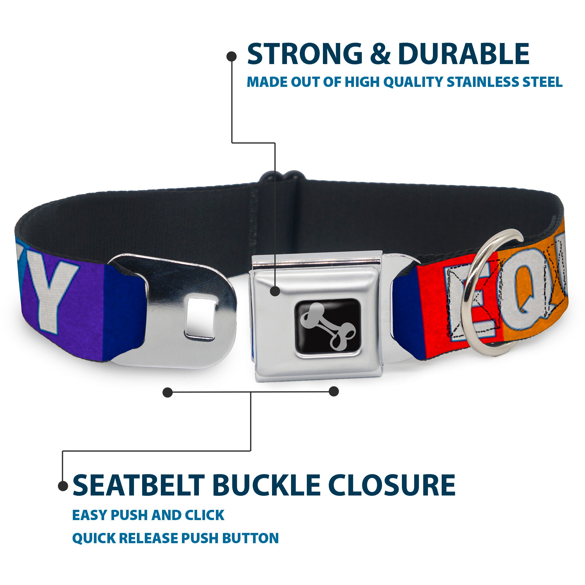 Dog Bone Black/Silver Seatbelt Buckle Collar - EQUALITY Blocks Rainbow/Blue/White Seatbelt Buckle Collars Buckle-Down