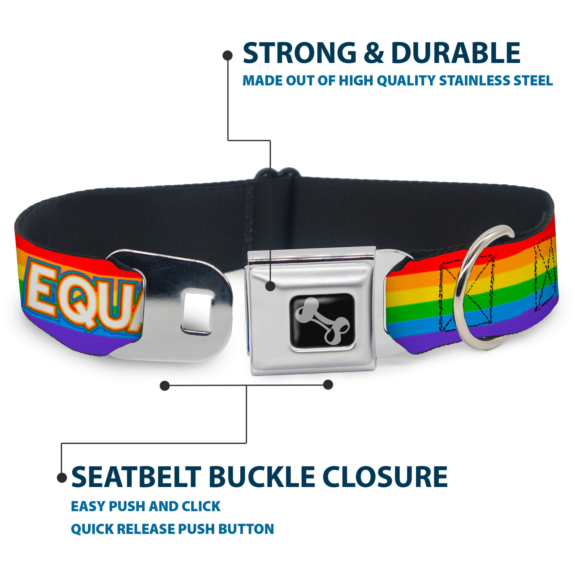 Dog Bone Black/Silver Seatbelt Buckle Collar - EQUALITY/Stripe Rainbow/White Seatbelt Buckle Collars Buckle-Down