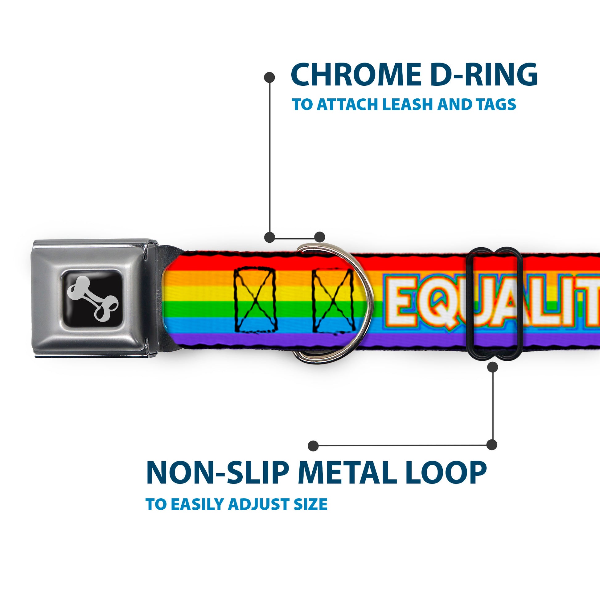 Dog Bone Black/Silver Seatbelt Buckle Collar - EQUALITY/Stripe Rainbow/White Seatbelt Buckle Collars Buckle-Down