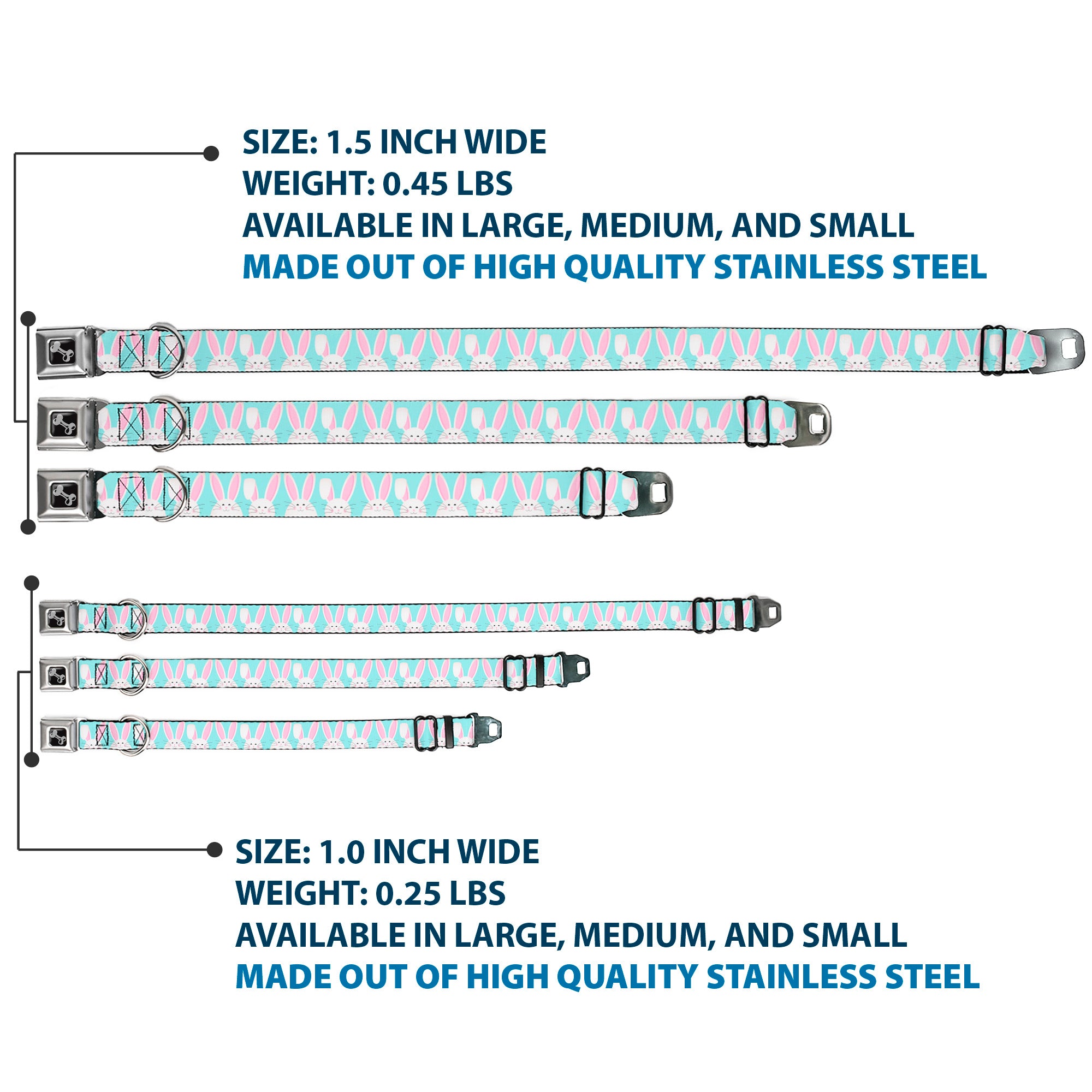 Dog Bone Black/Silver Seatbelt Buckle Collar - Easter Bunnies Smiling Sky Blue Seatbelt Buckle Collars Buckle-Down