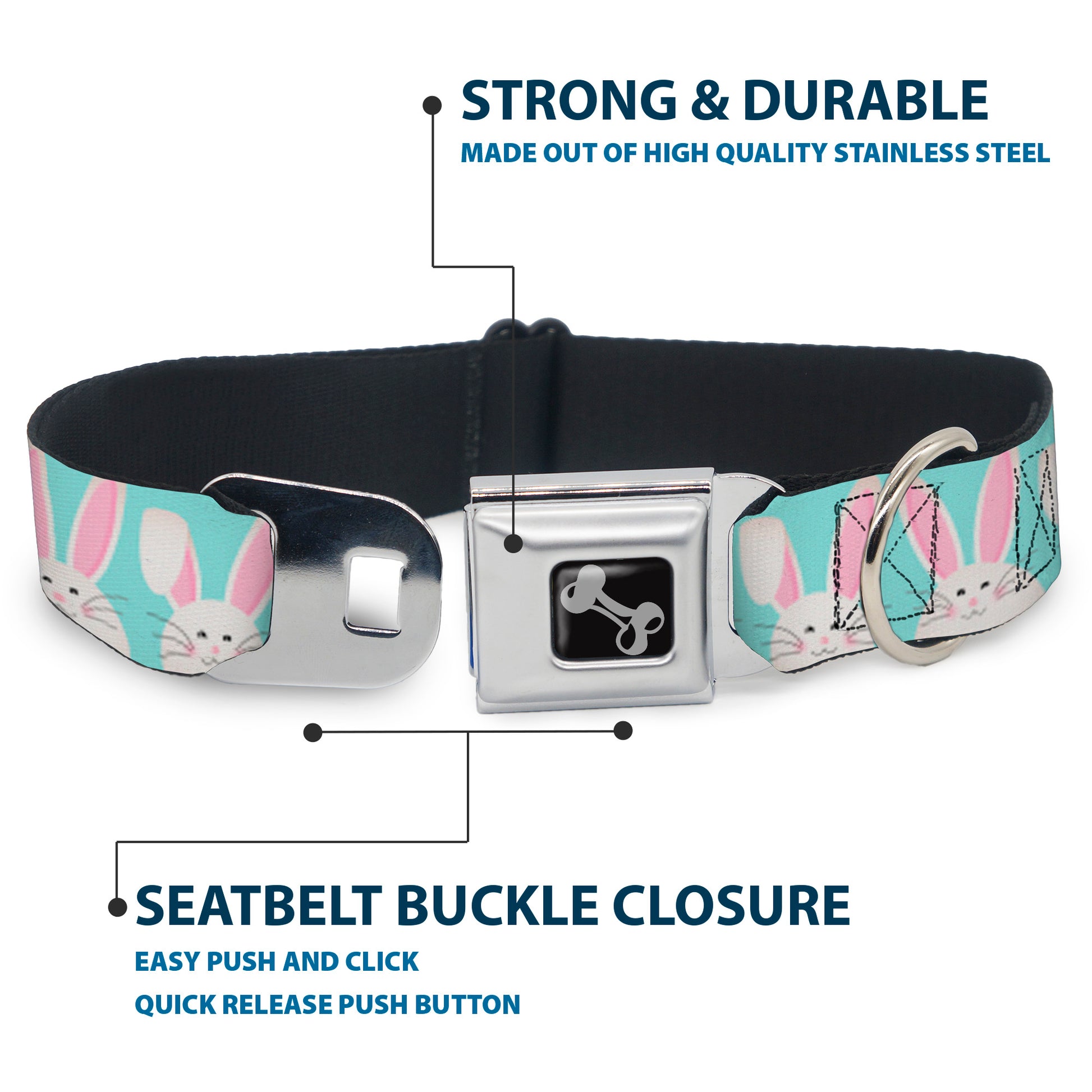 Dog Bone Black/Silver Seatbelt Buckle Collar - Easter Bunnies Smiling Sky Blue Seatbelt Buckle Collars Buckle-Down