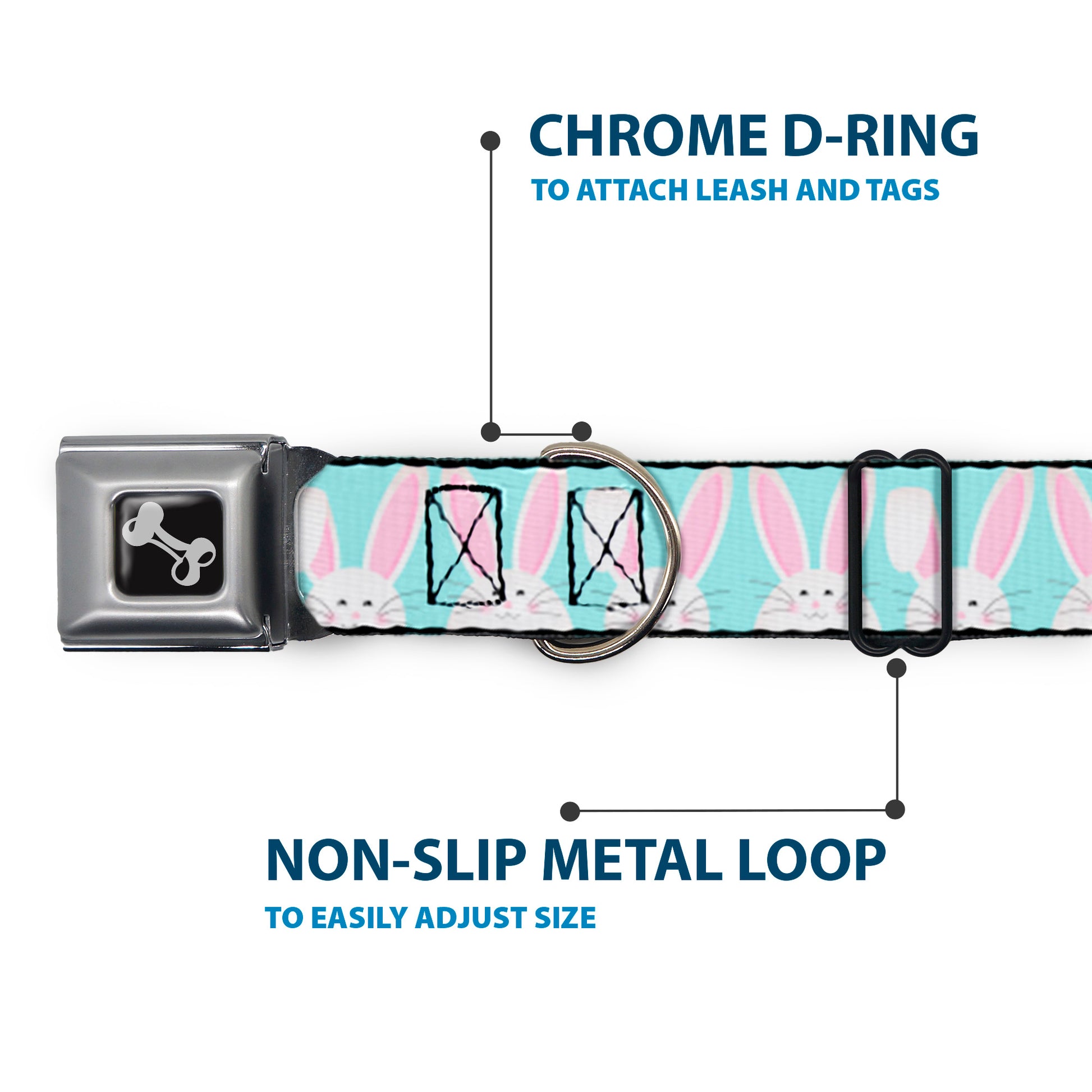 Dog Bone Black/Silver Seatbelt Buckle Collar - Easter Bunnies Smiling Sky Blue Seatbelt Buckle Collars Buckle-Down