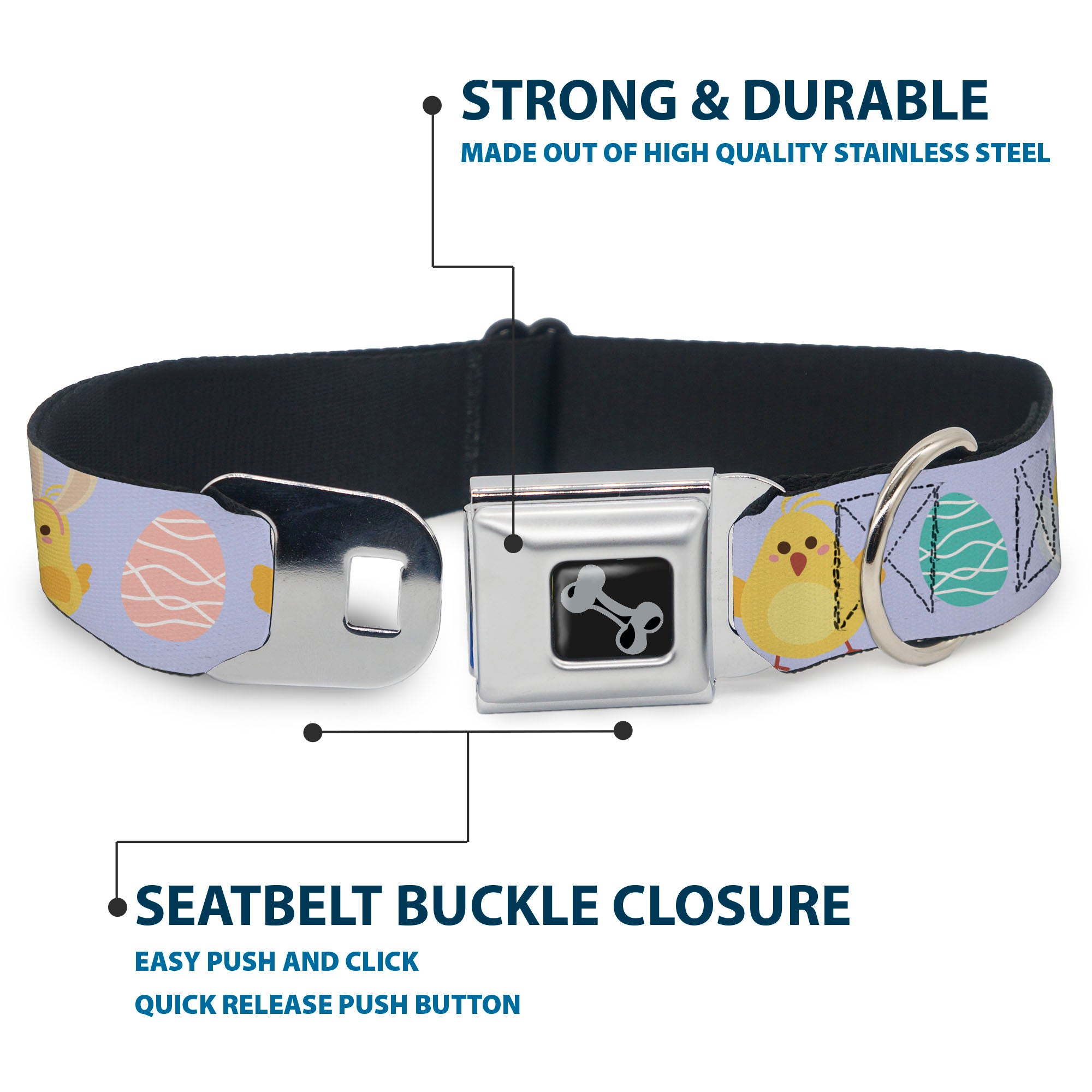Dog Bone Black/Silver Seatbelt Buckle Collar - Easter Chicks and Eggs Lavender Seatbelt Buckle Collars Buckle-Down