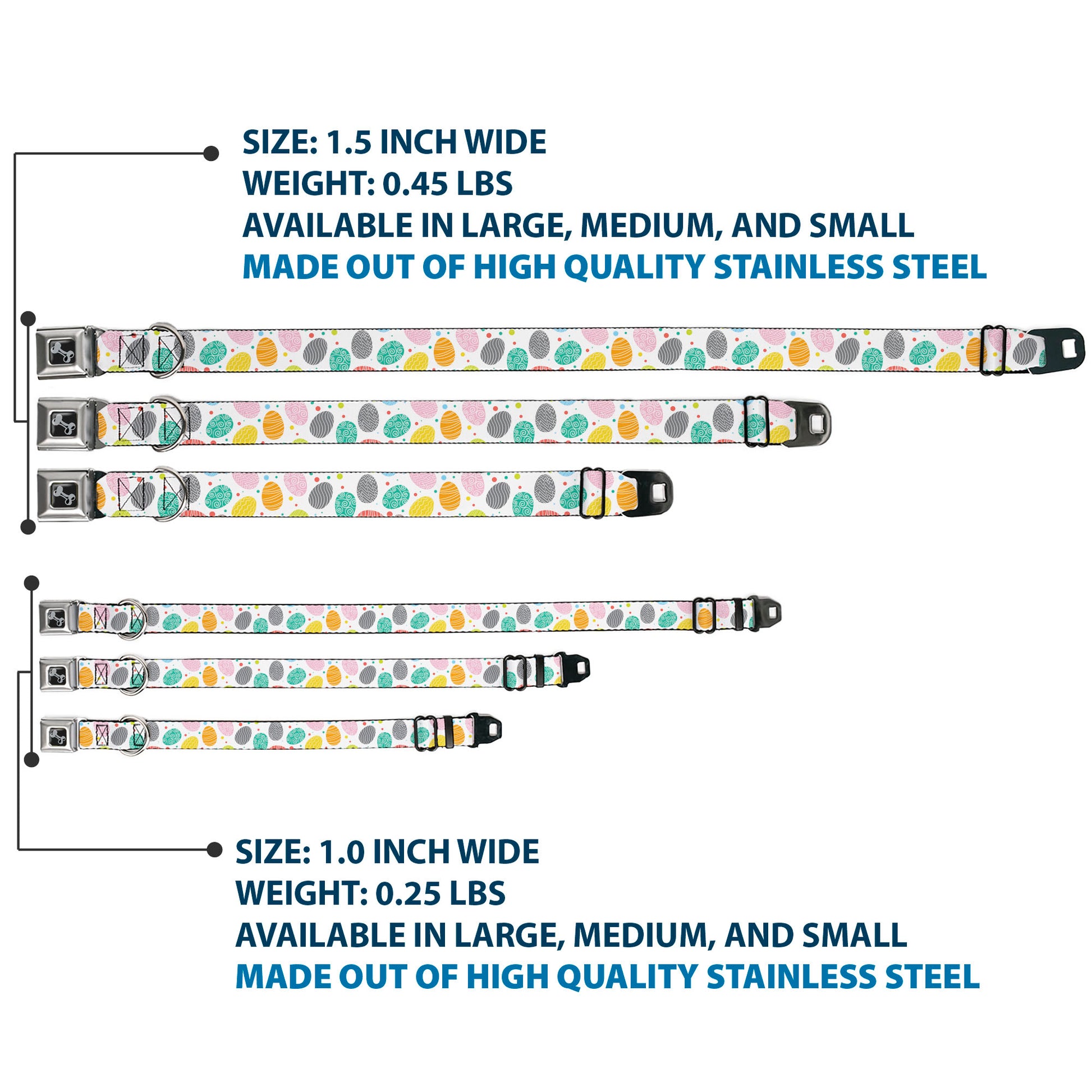 Dog Bone Black/Silver Seatbelt Buckle Collar - Easter Eggs Decorated Eggs Scattered White/Multi Color Seatbelt Buckle Collars Buckle-Down