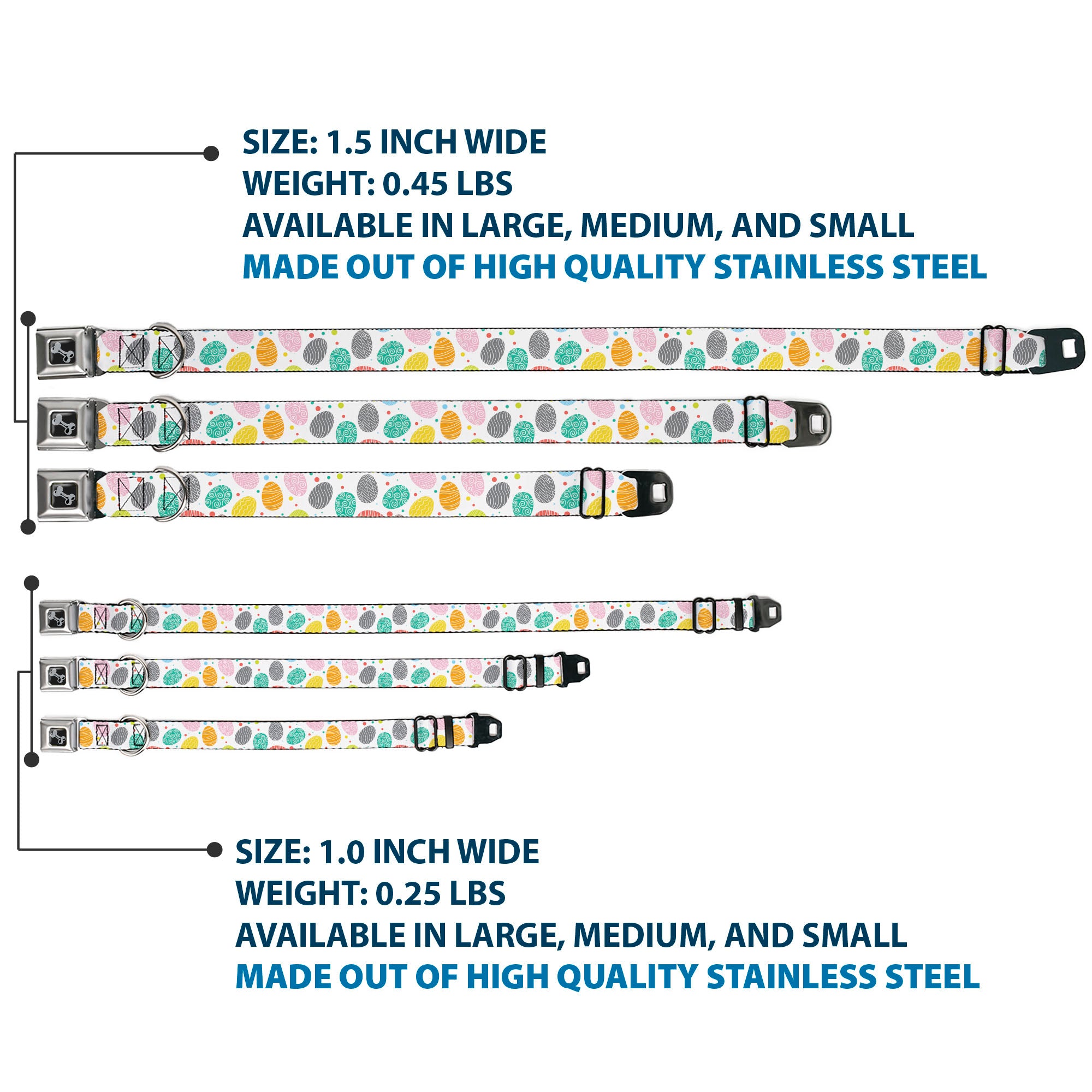 Dog Bone Black/Silver Seatbelt Buckle Collar - Easter Eggs Decorated Eggs Scattered White/Multi Color Seatbelt Buckle Collars Buckle-Down