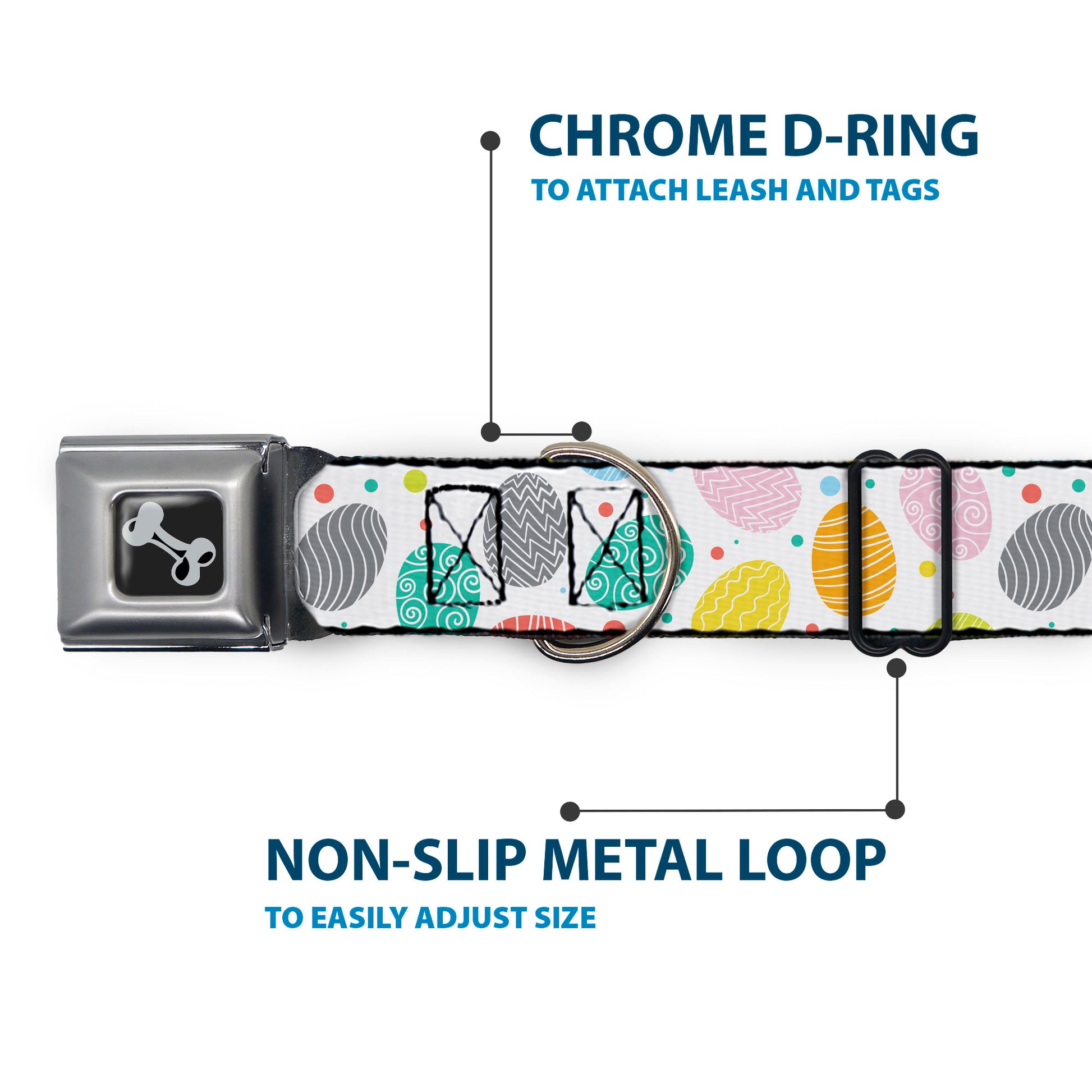 Dog Bone Black/Silver Seatbelt Buckle Collar - Easter Eggs Decorated Eggs Scattered White/Multi Color Seatbelt Buckle Collars Buckle-Down