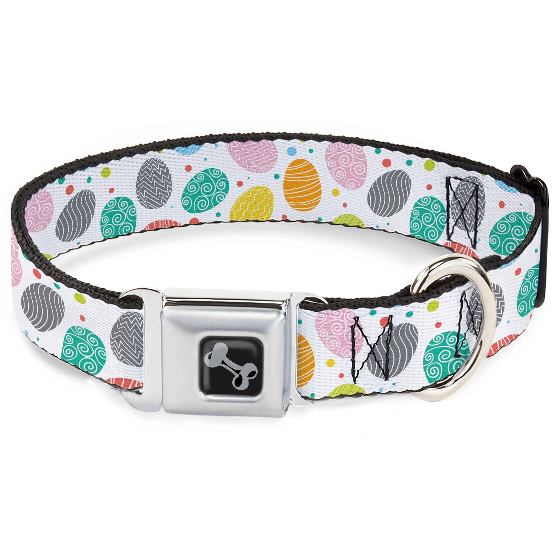 Dog Bone Black/Silver Seatbelt Buckle Collar - Easter Eggs Decorated Eggs Scattered White/Multi Color Seatbelt Buckle Collars Buckle-Down